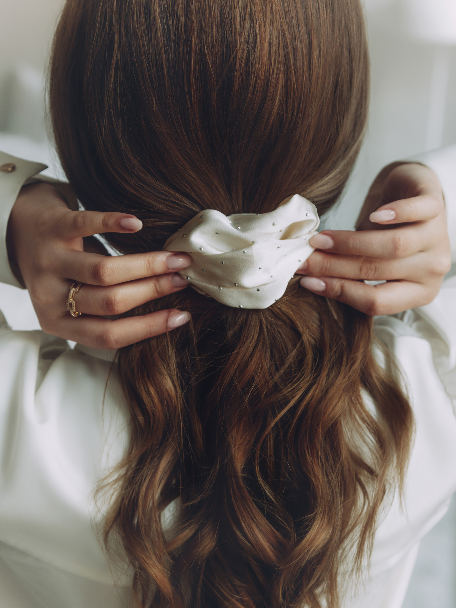 Set of two satin scrunchies with rhinestones