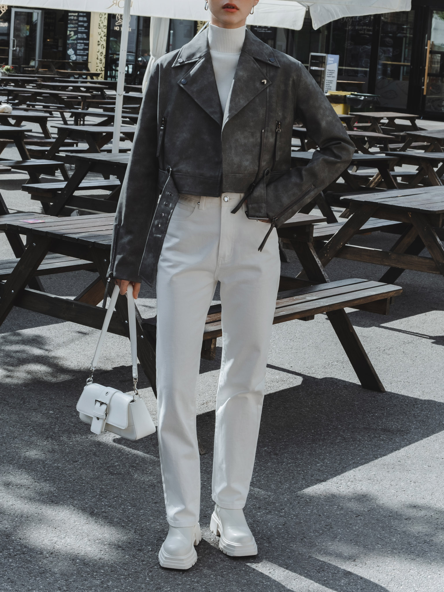 Cropped eco-leather jacket