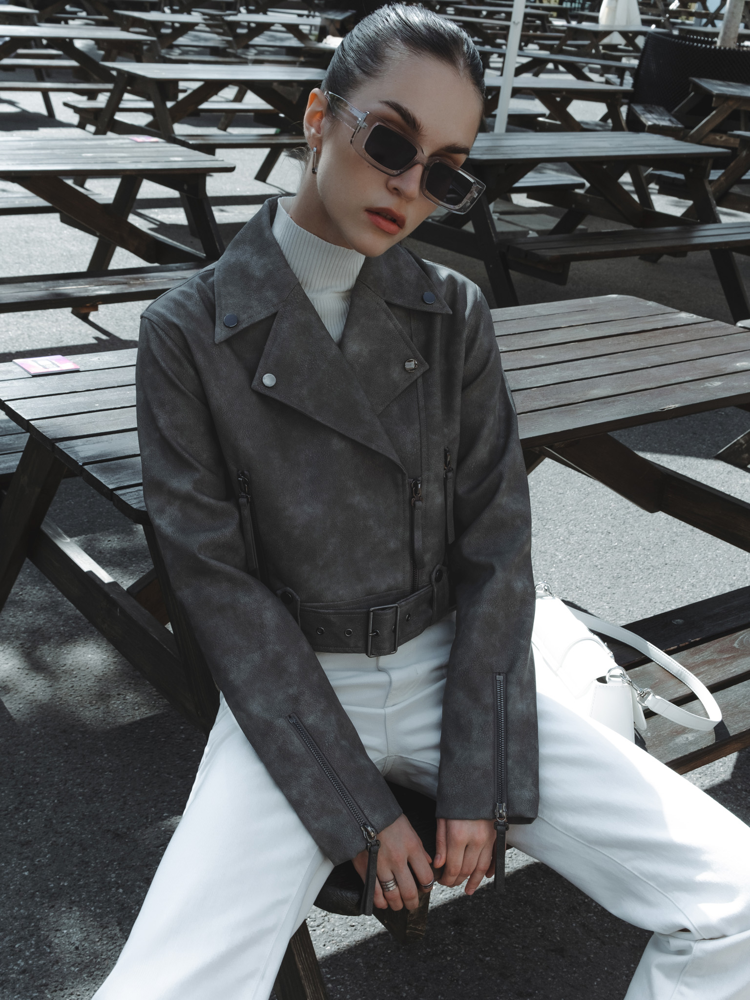 Cropped eco-leather jacket