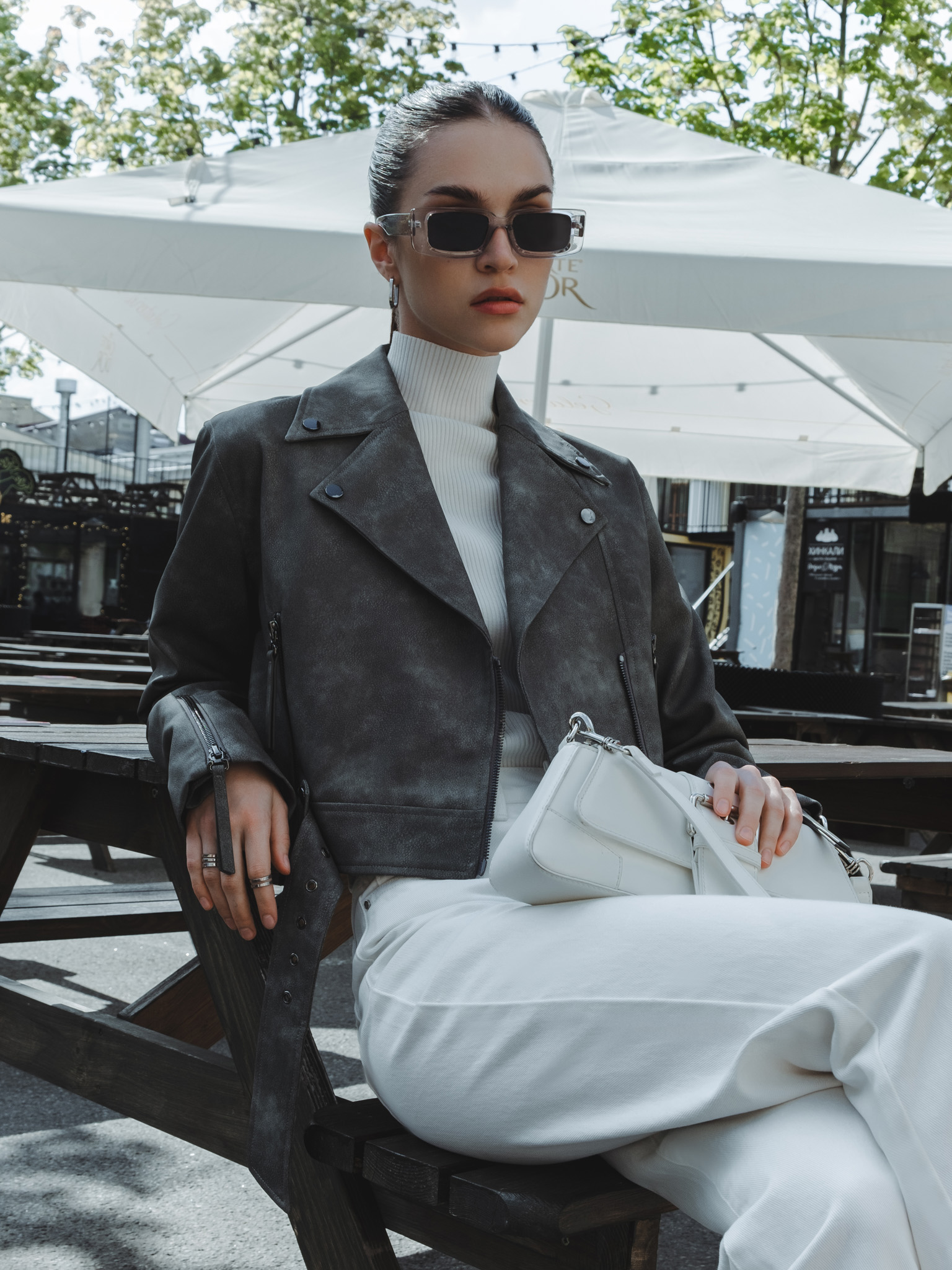 Cropped eco-leather jacket