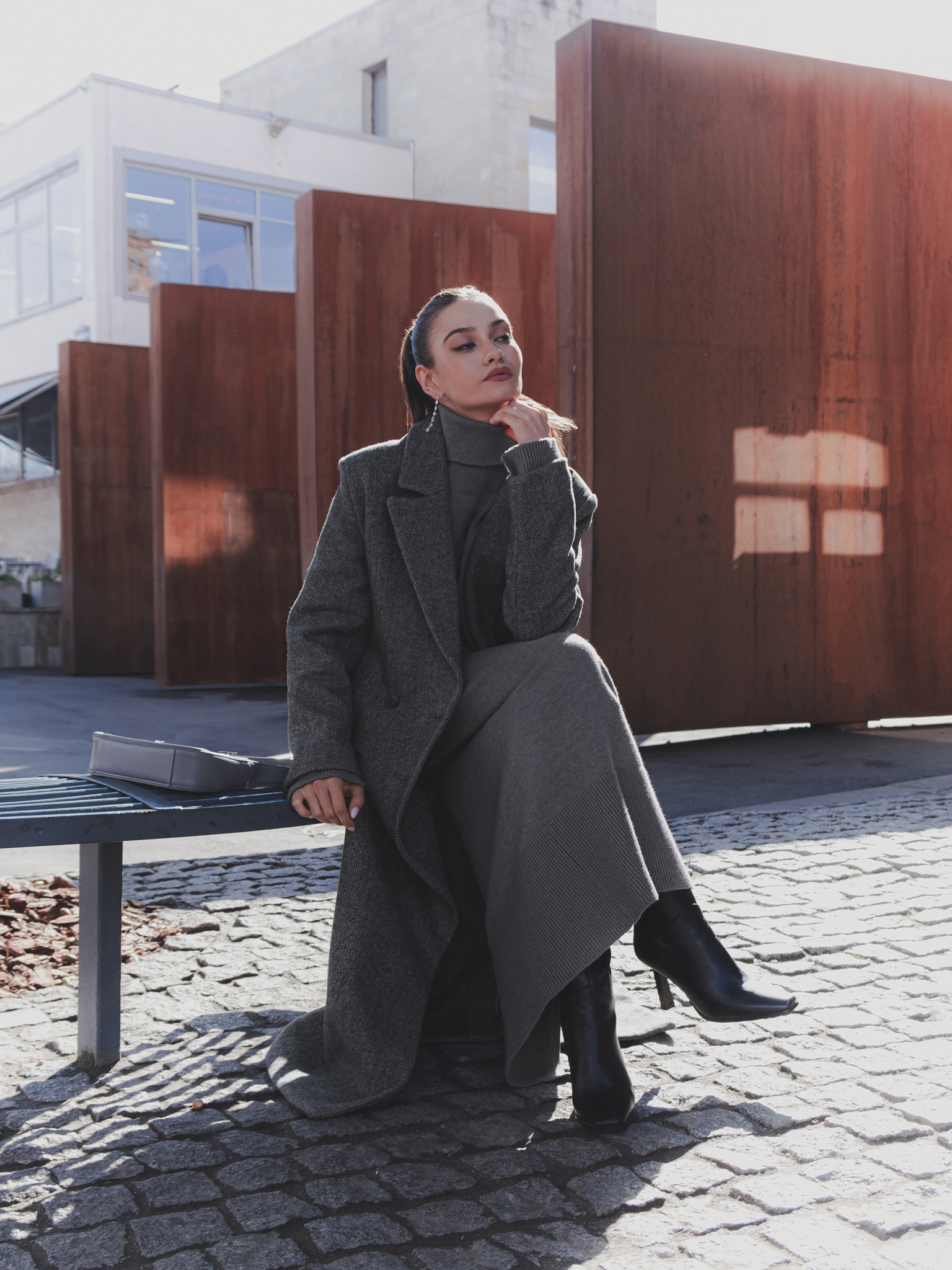 Шерстяное пальто макси с мелким орнаментом