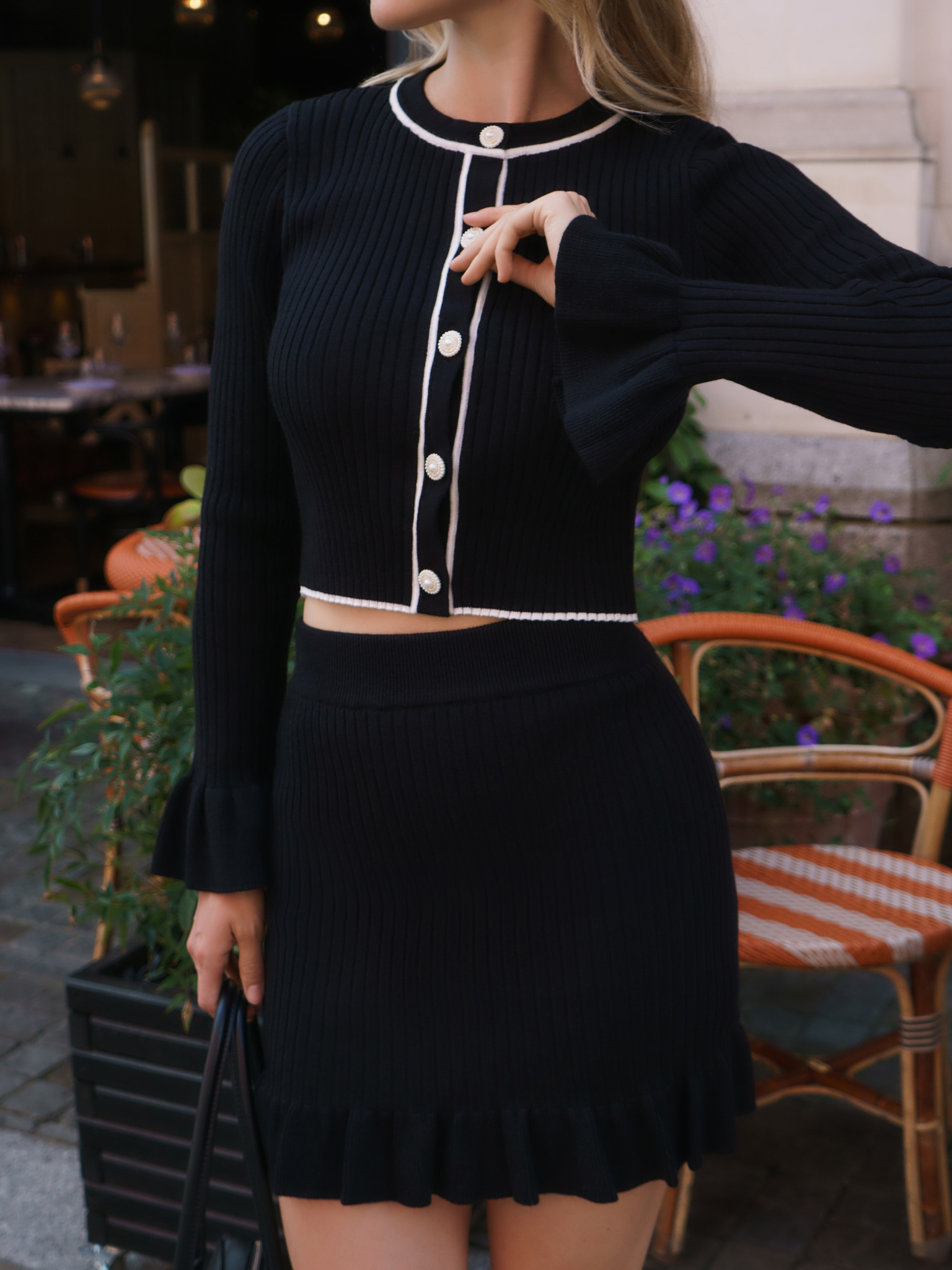 Rib-knit cardigan with cuff flounces