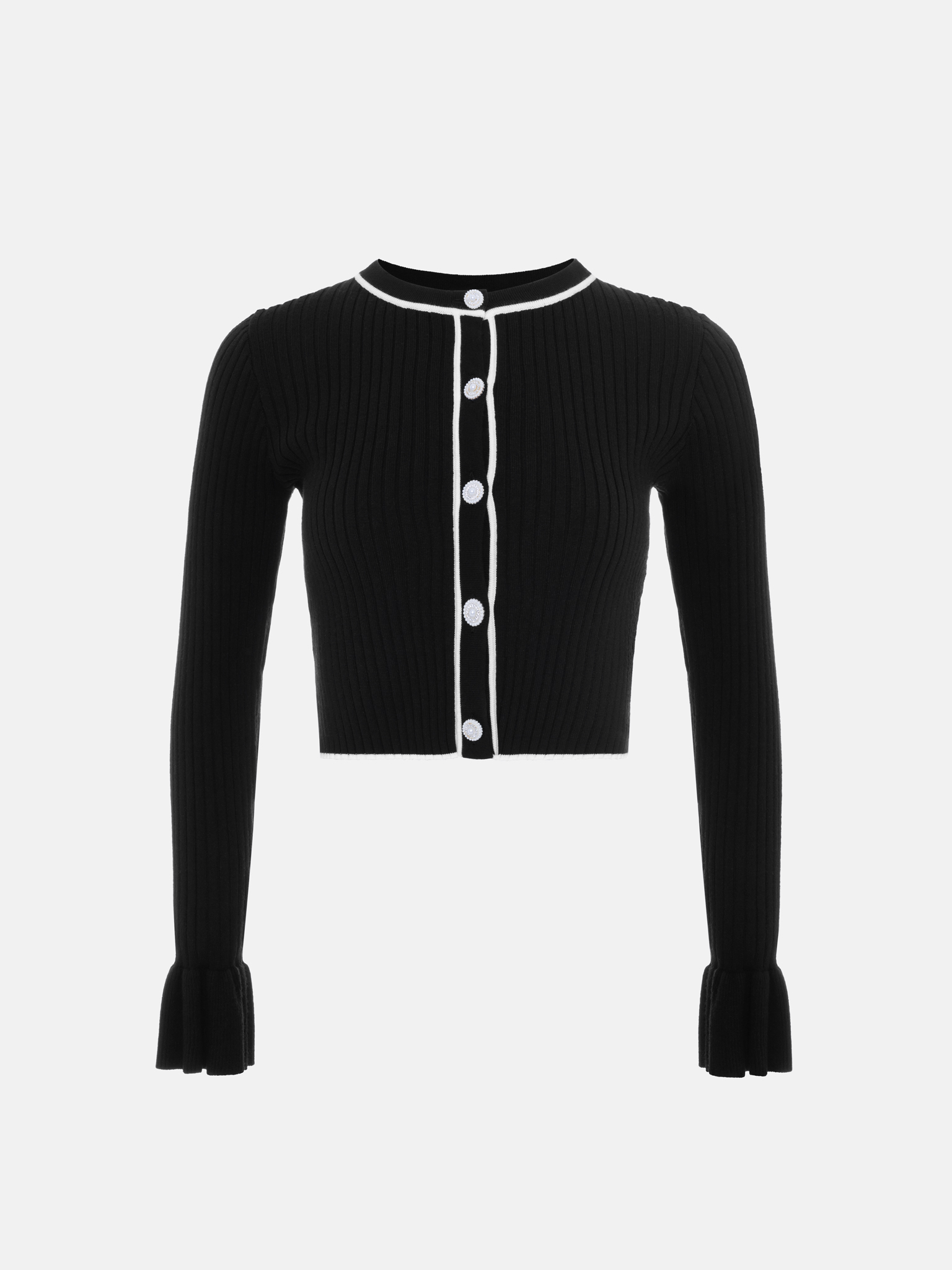 Rib-knit cardigan with cuff flounces