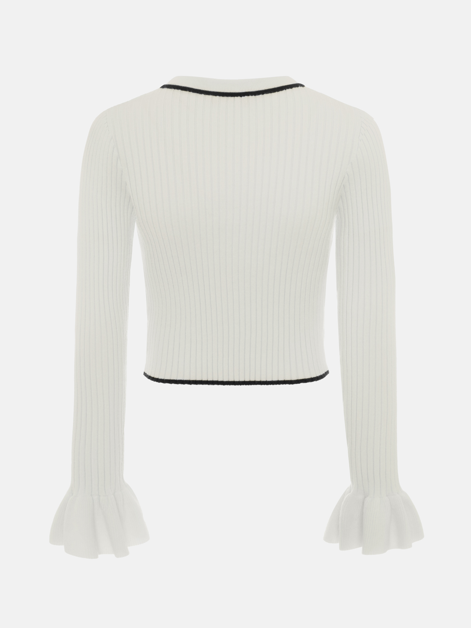 Rib-knit cardigan with cuff flounces