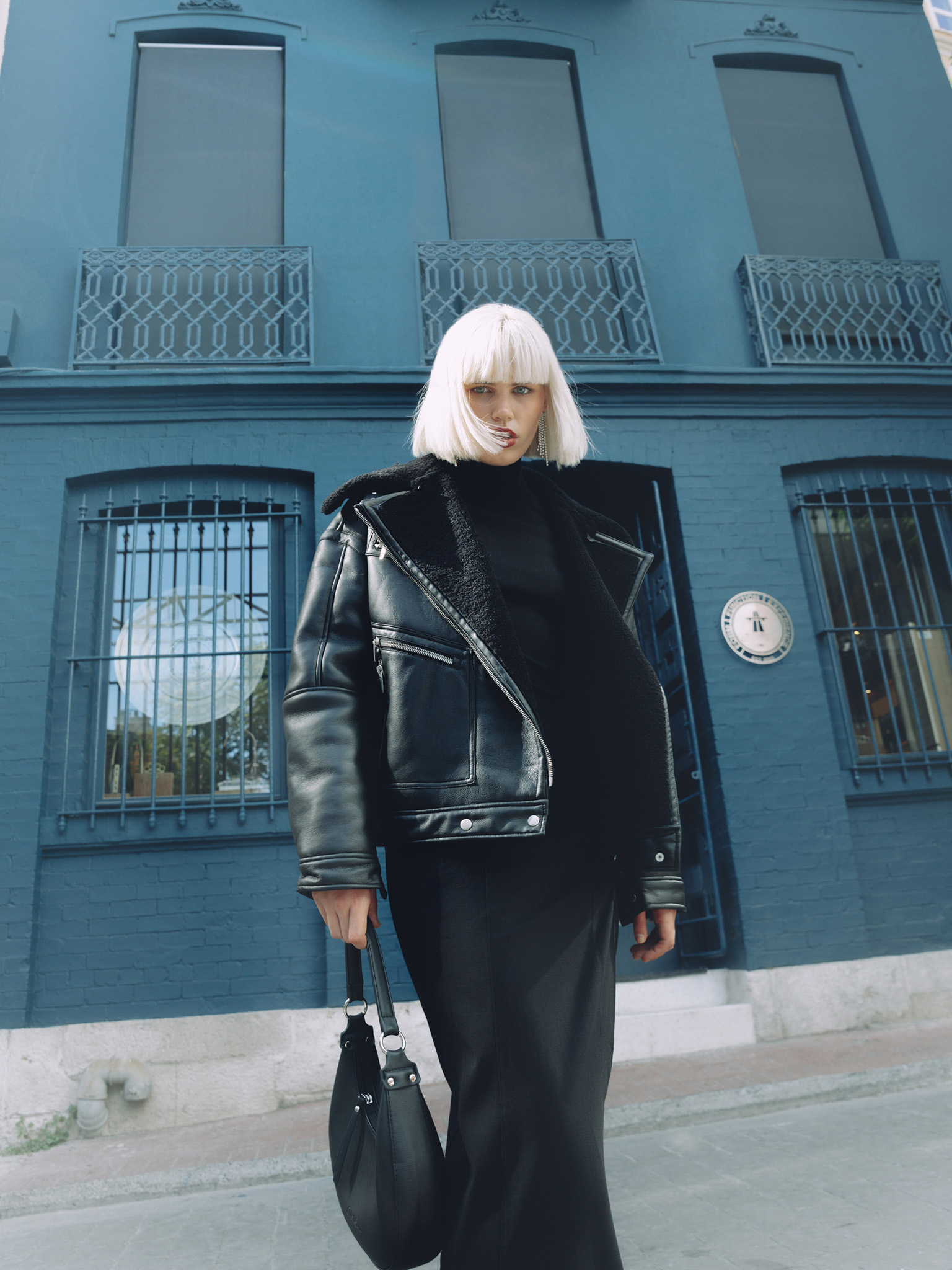 Oversize zip-up aviator jacket with eco-fur