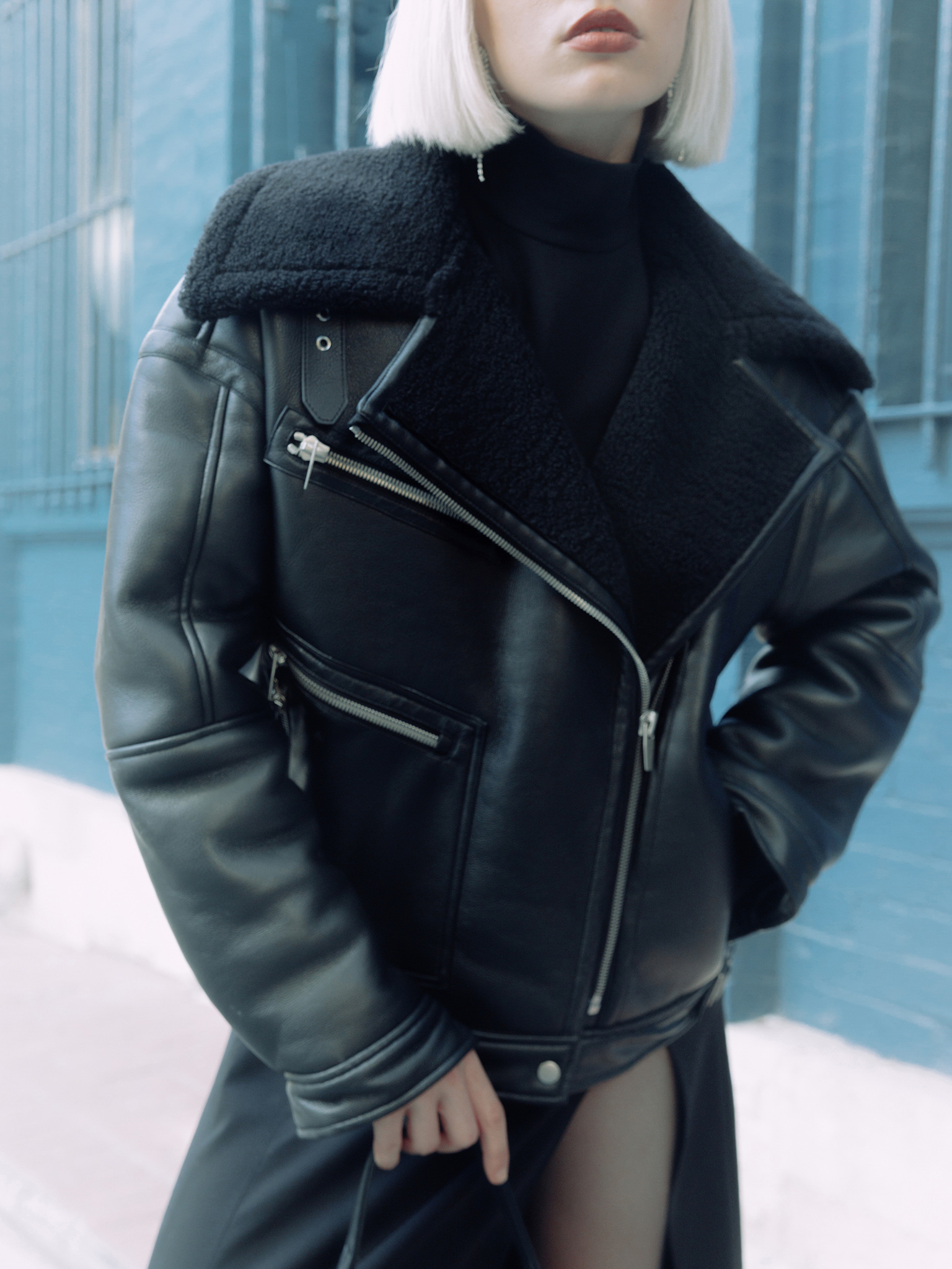 Oversize zip-up aviator jacket with eco-fur