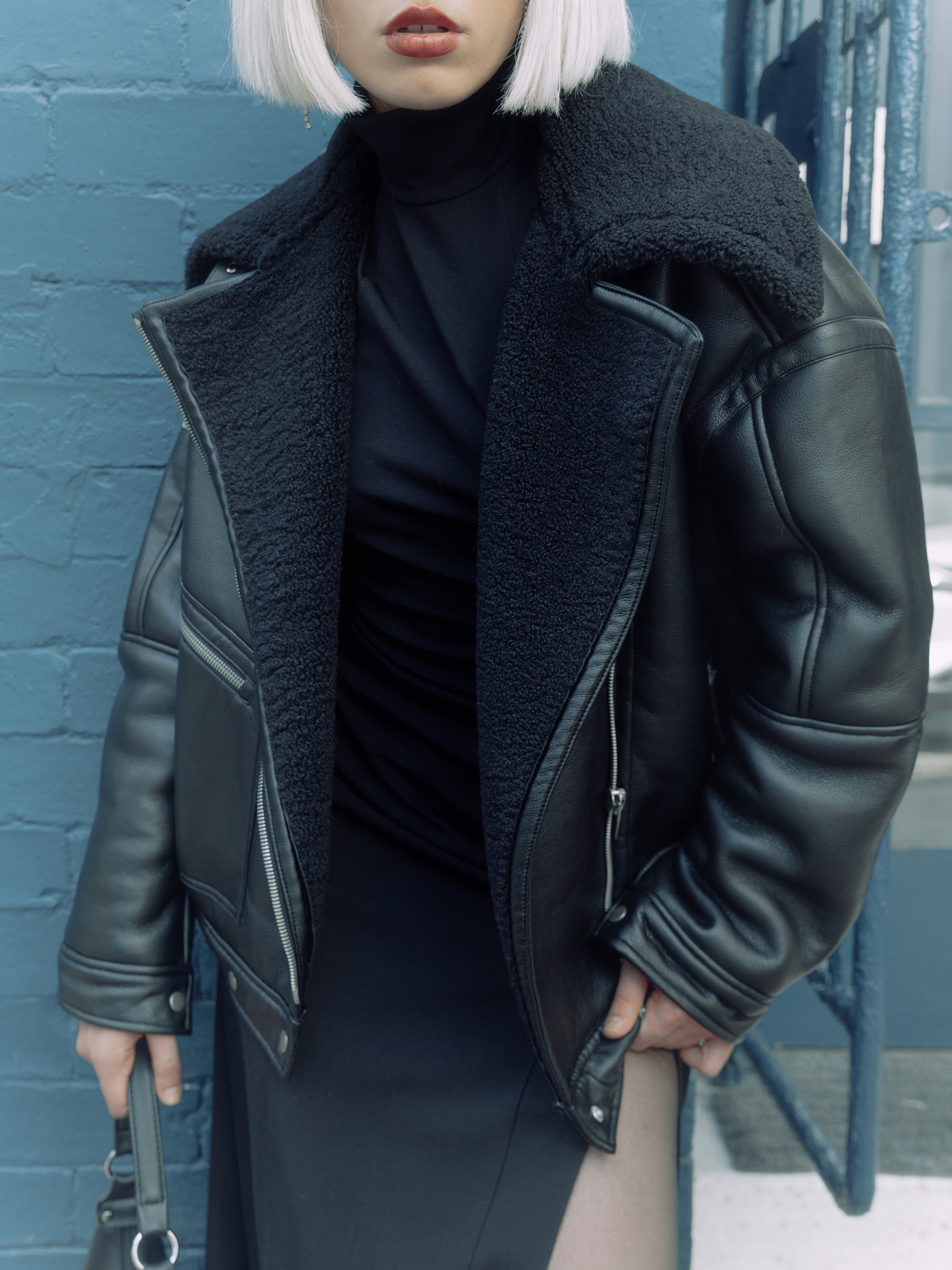 Oversize zip-up aviator jacket with eco-fur