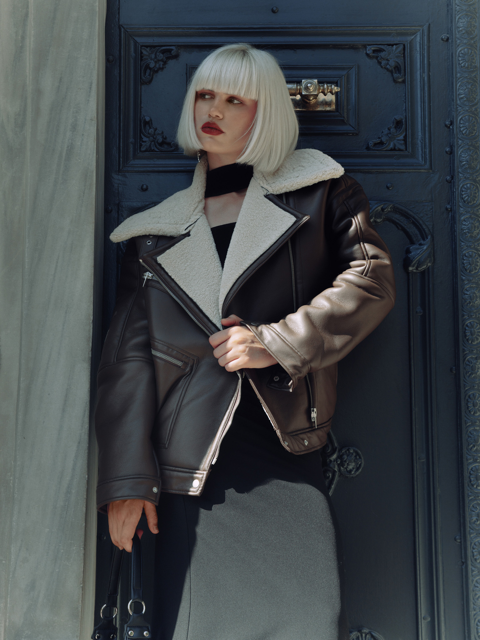 Oversize zip-up aviator jacket with eco-fur