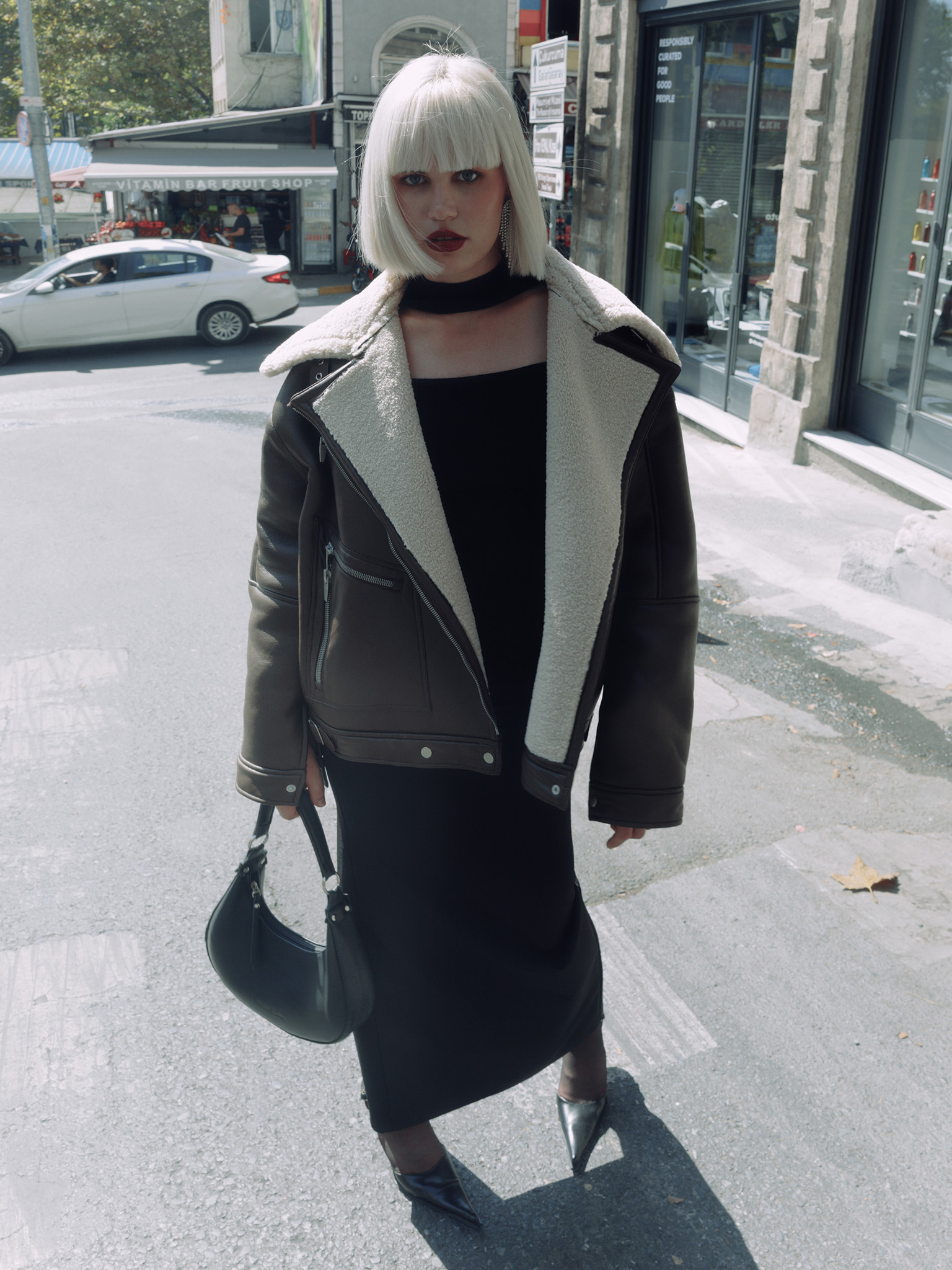 Oversize zip-up aviator jacket with eco-fur