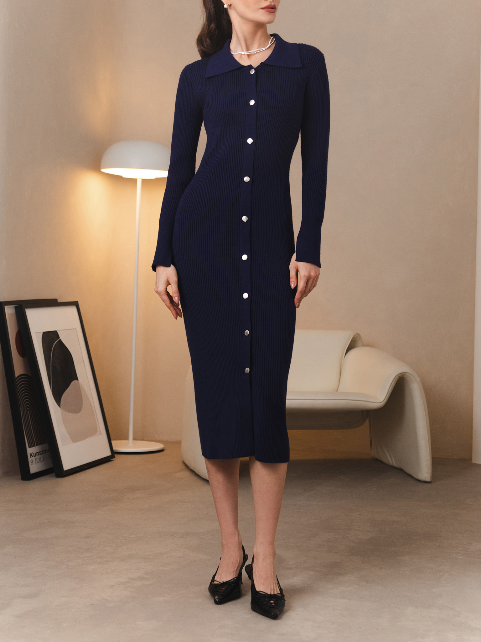 Midi dress from ribbed jersey with snap button