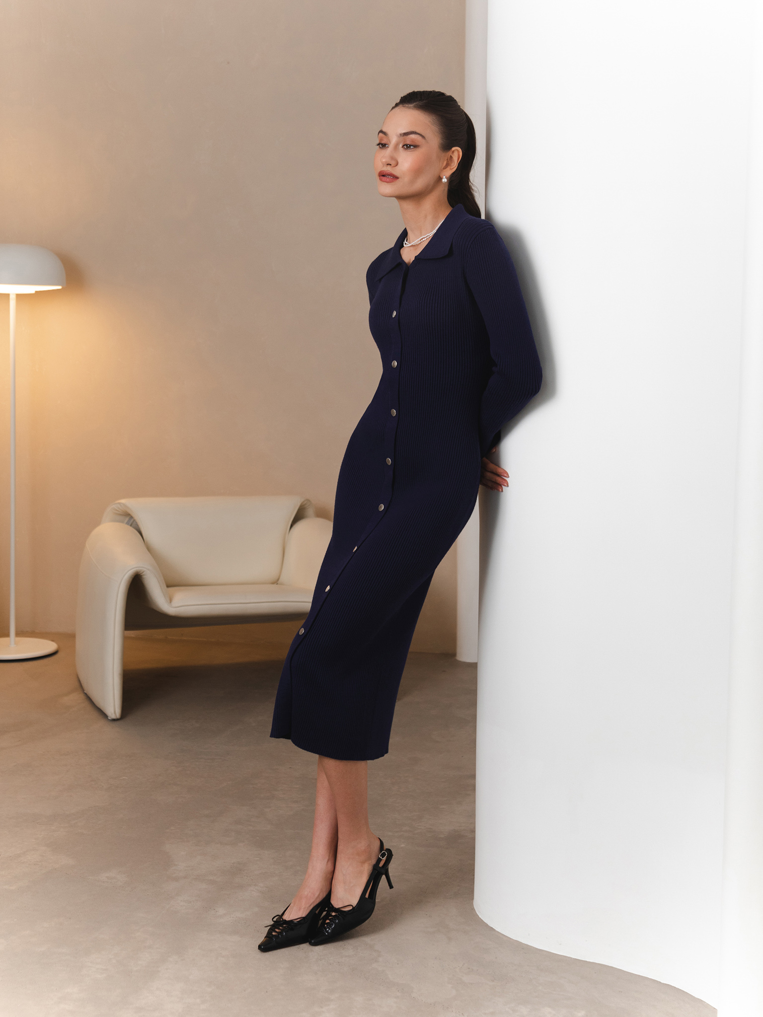 Midi dress from ribbed jersey with snap button