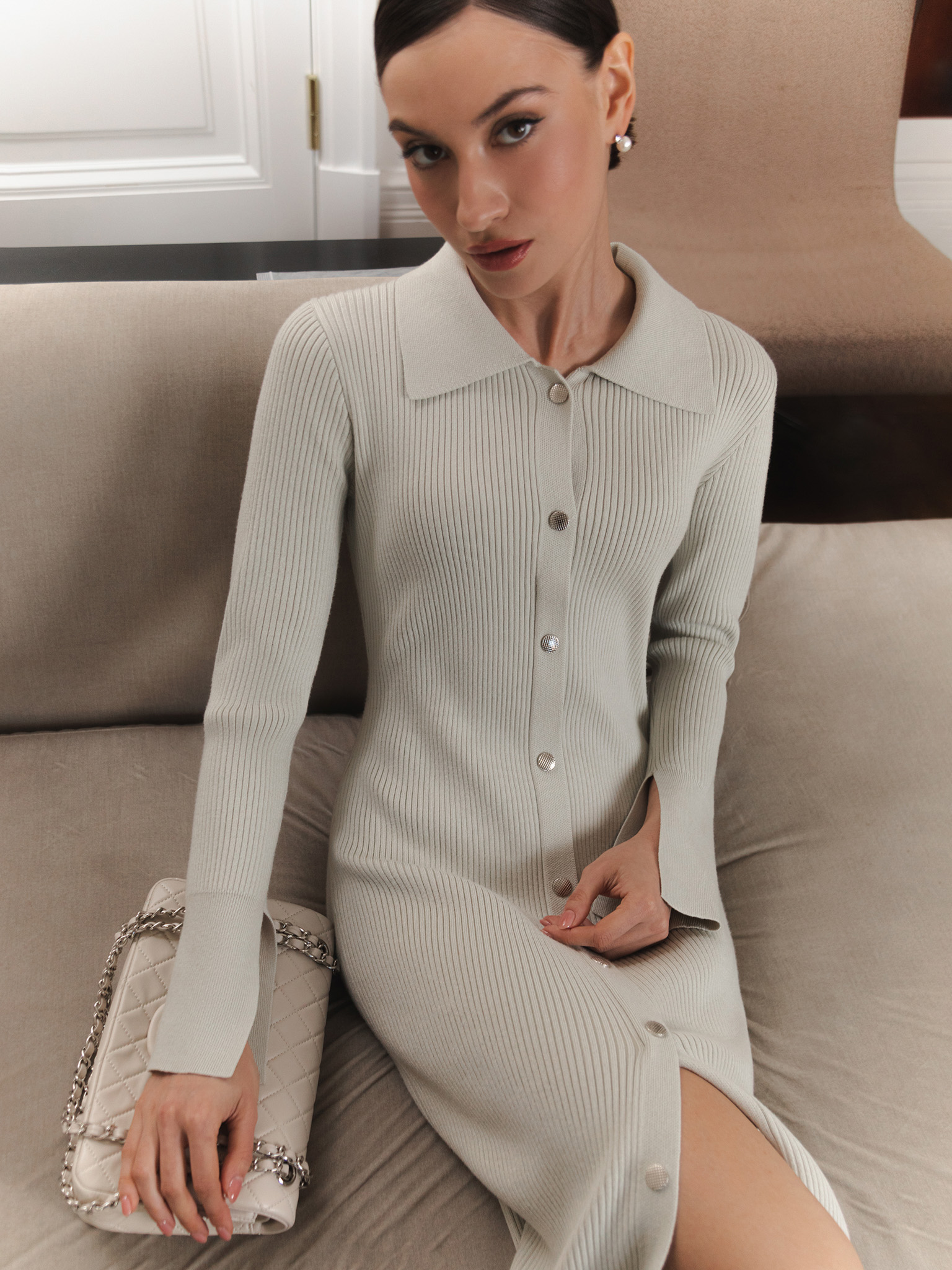 Midi dress from ribbed jersey with snap button