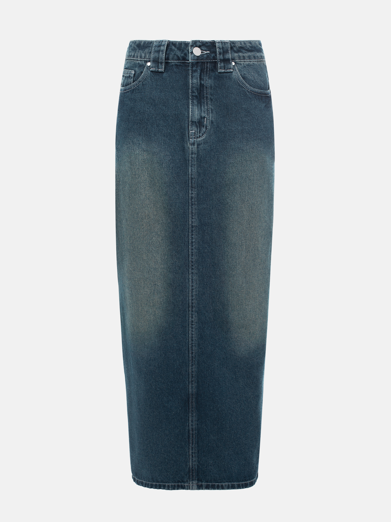 Distressed denim maxi skirt