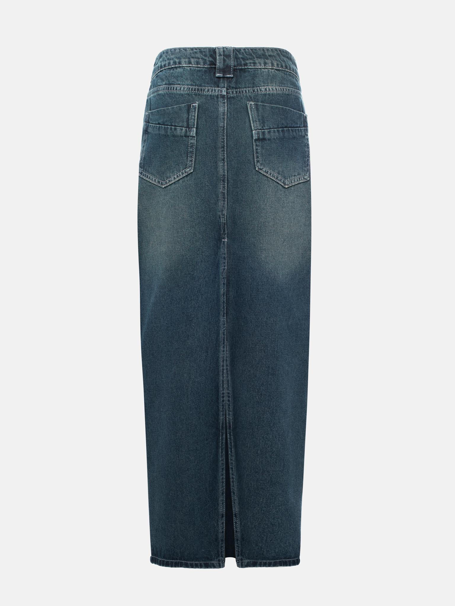 Distressed denim maxi skirt