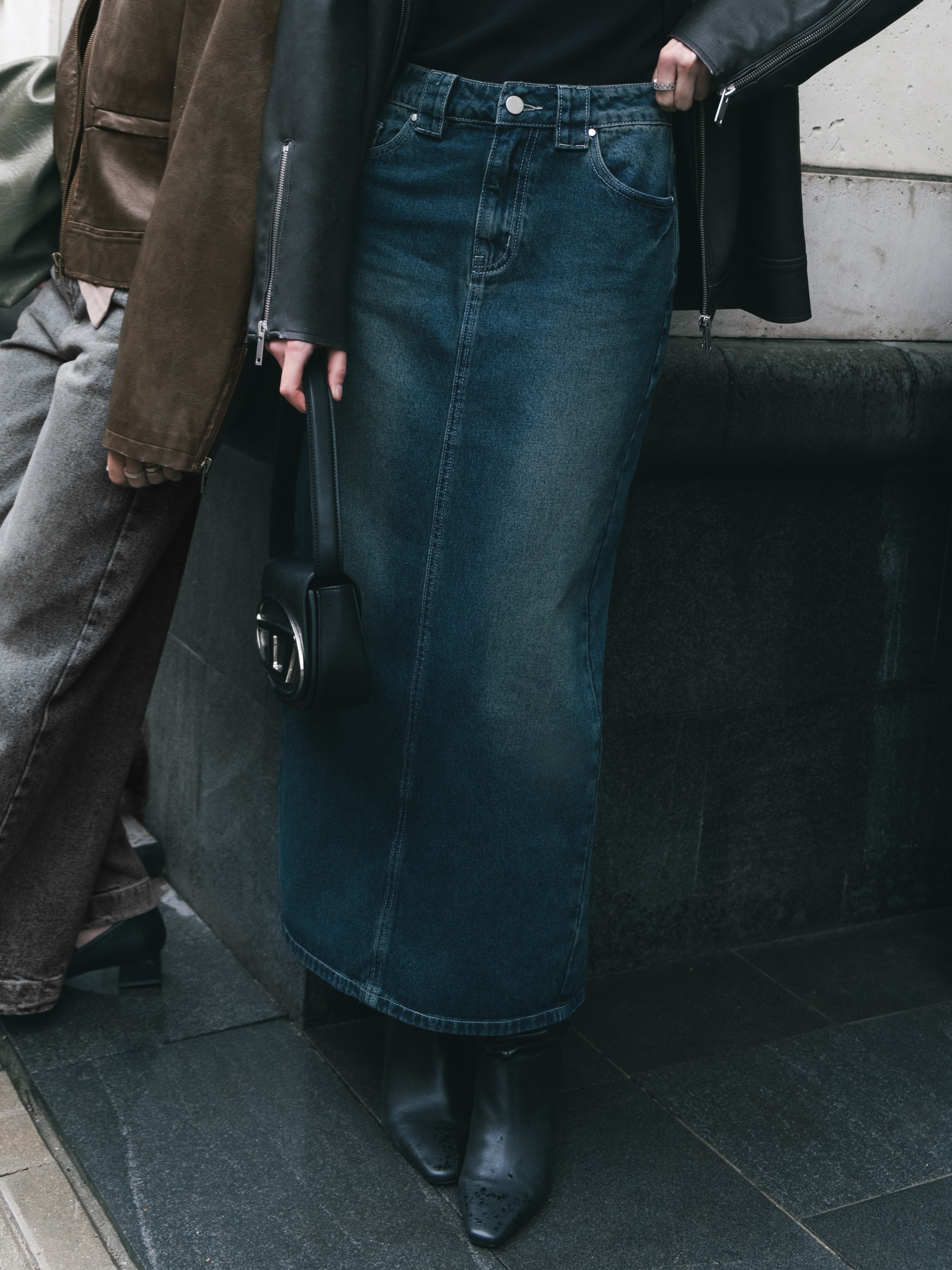 Distressed denim maxi skirt
