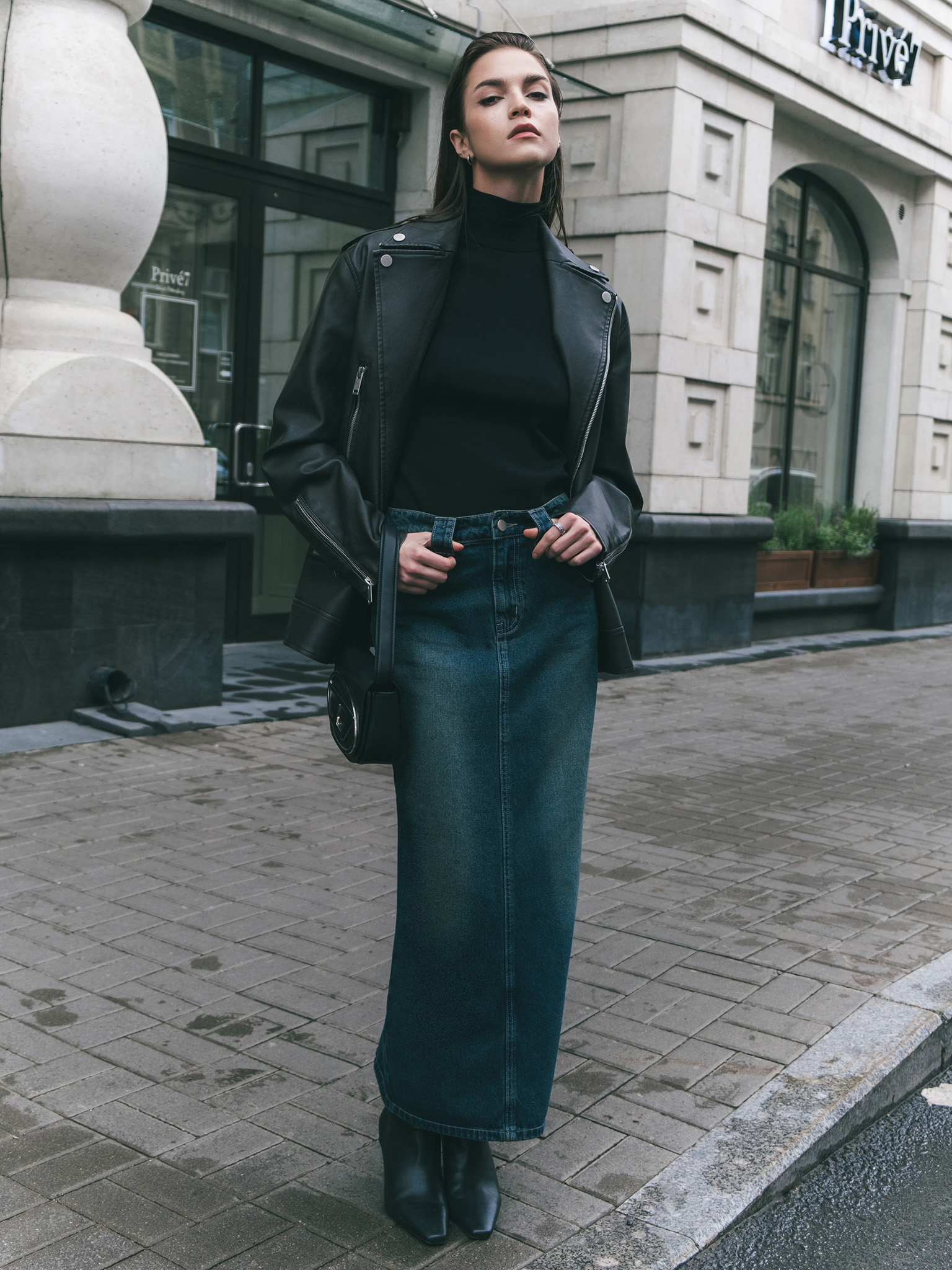 Distressed denim maxi skirt