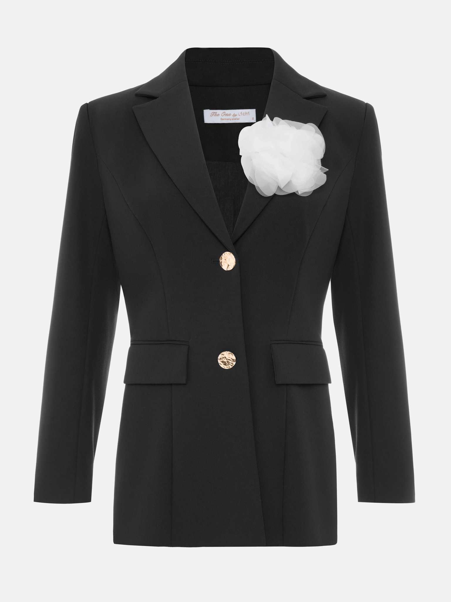 Fitted jacket with a brooch and contrasting buttons