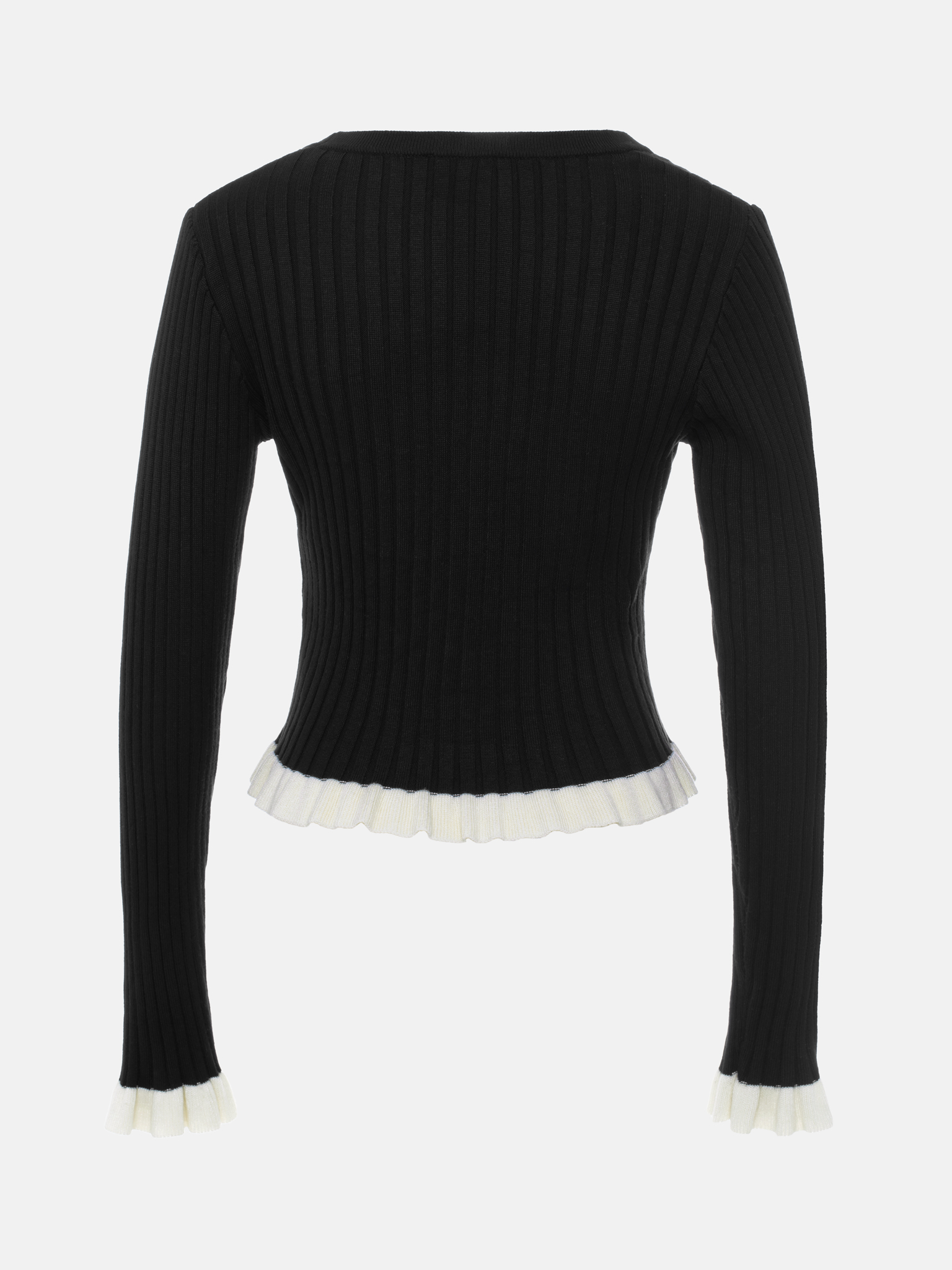 Strickjacke aus Rippstrick mit kontrastierenden Rüschen