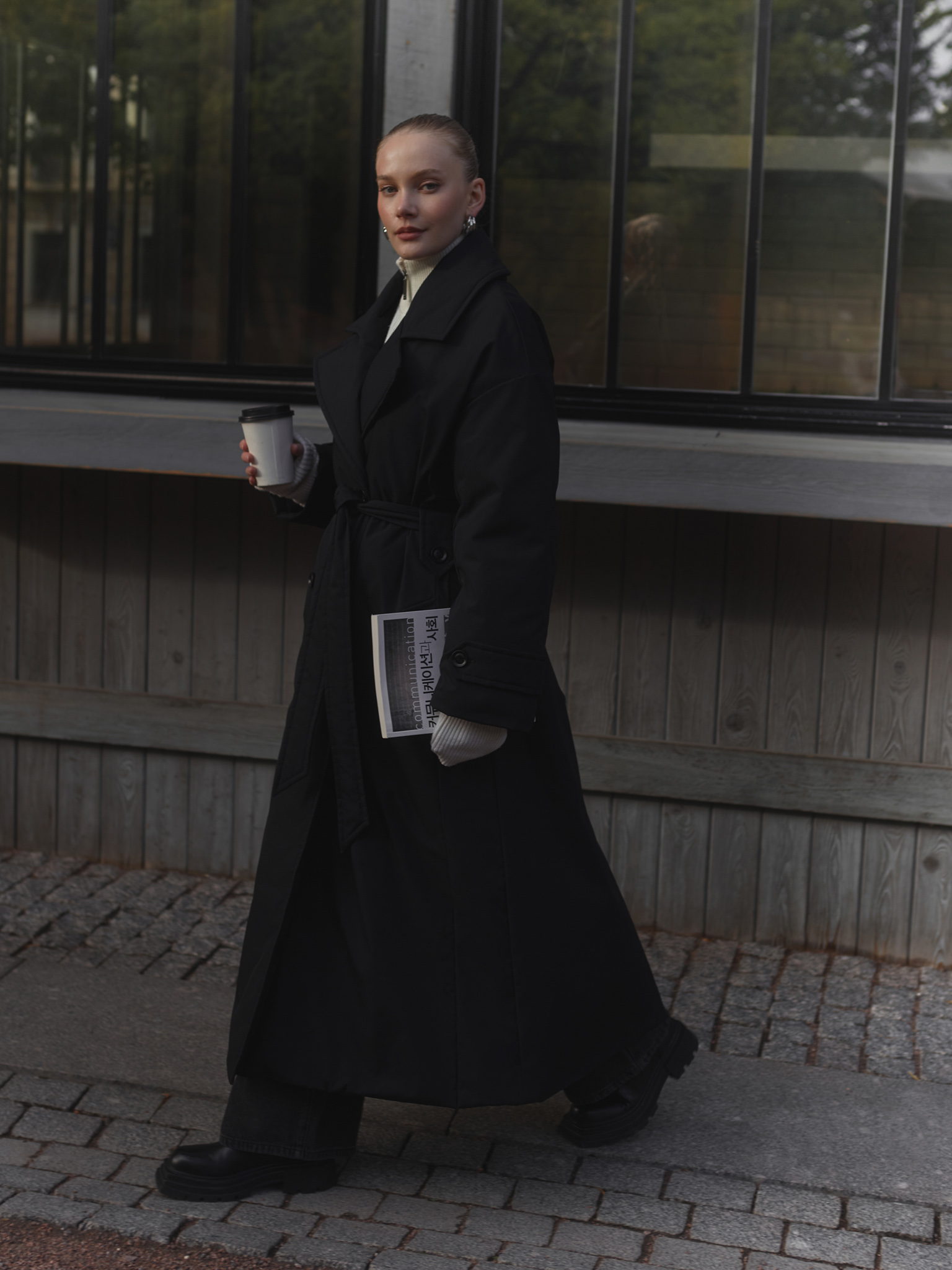 Insulated maxi coat with matching waistband