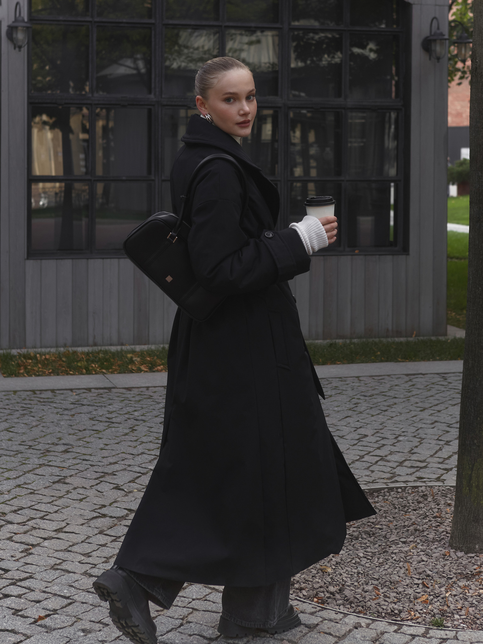 Insulated maxi coat with matching waistband