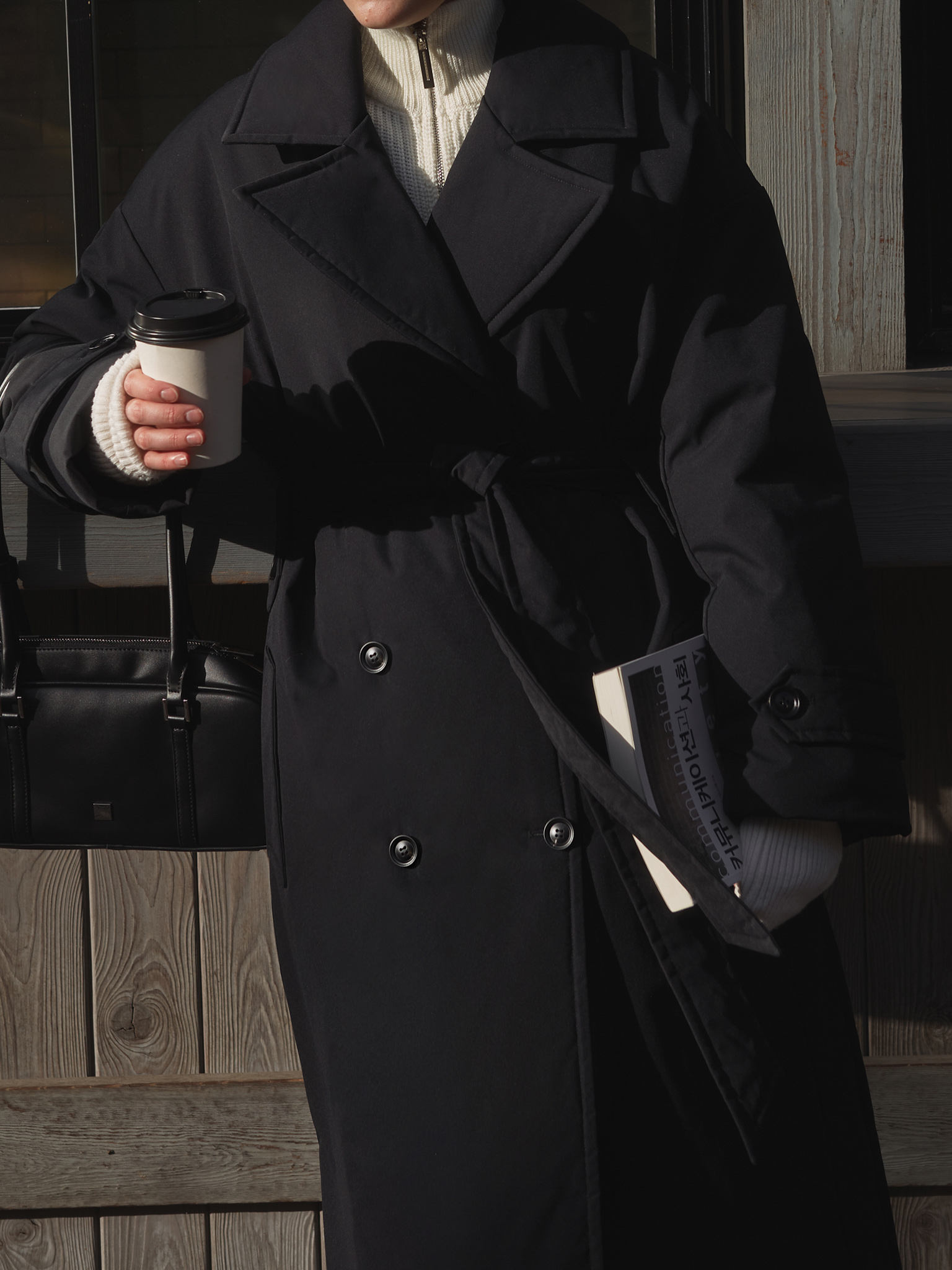 Insulated maxi coat with matching waistband