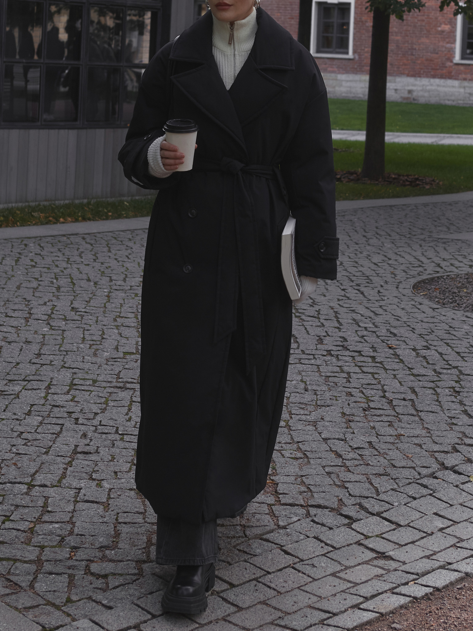 Insulated maxi coat with matching waistband