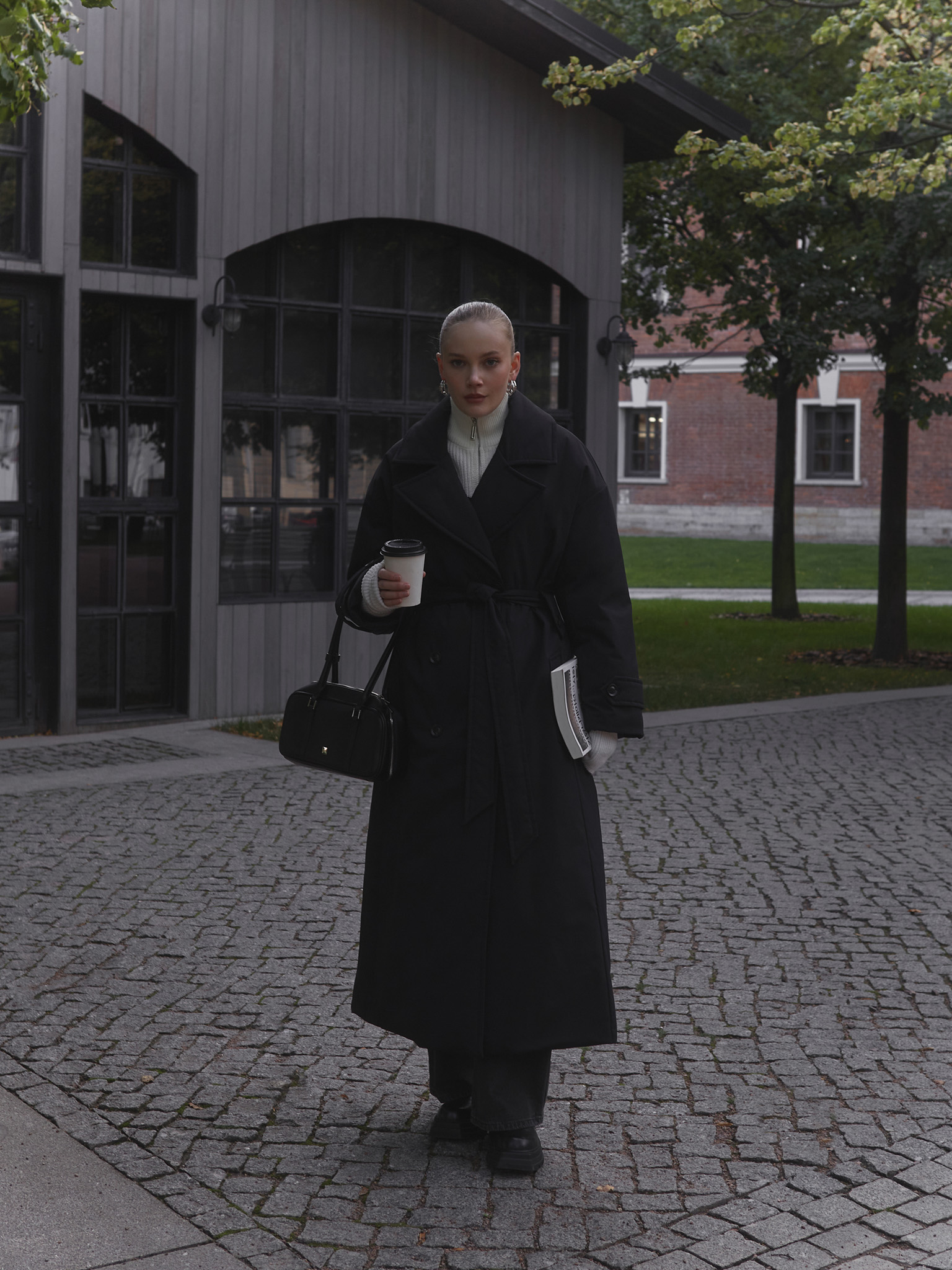 Insulated maxi coat with matching waistband