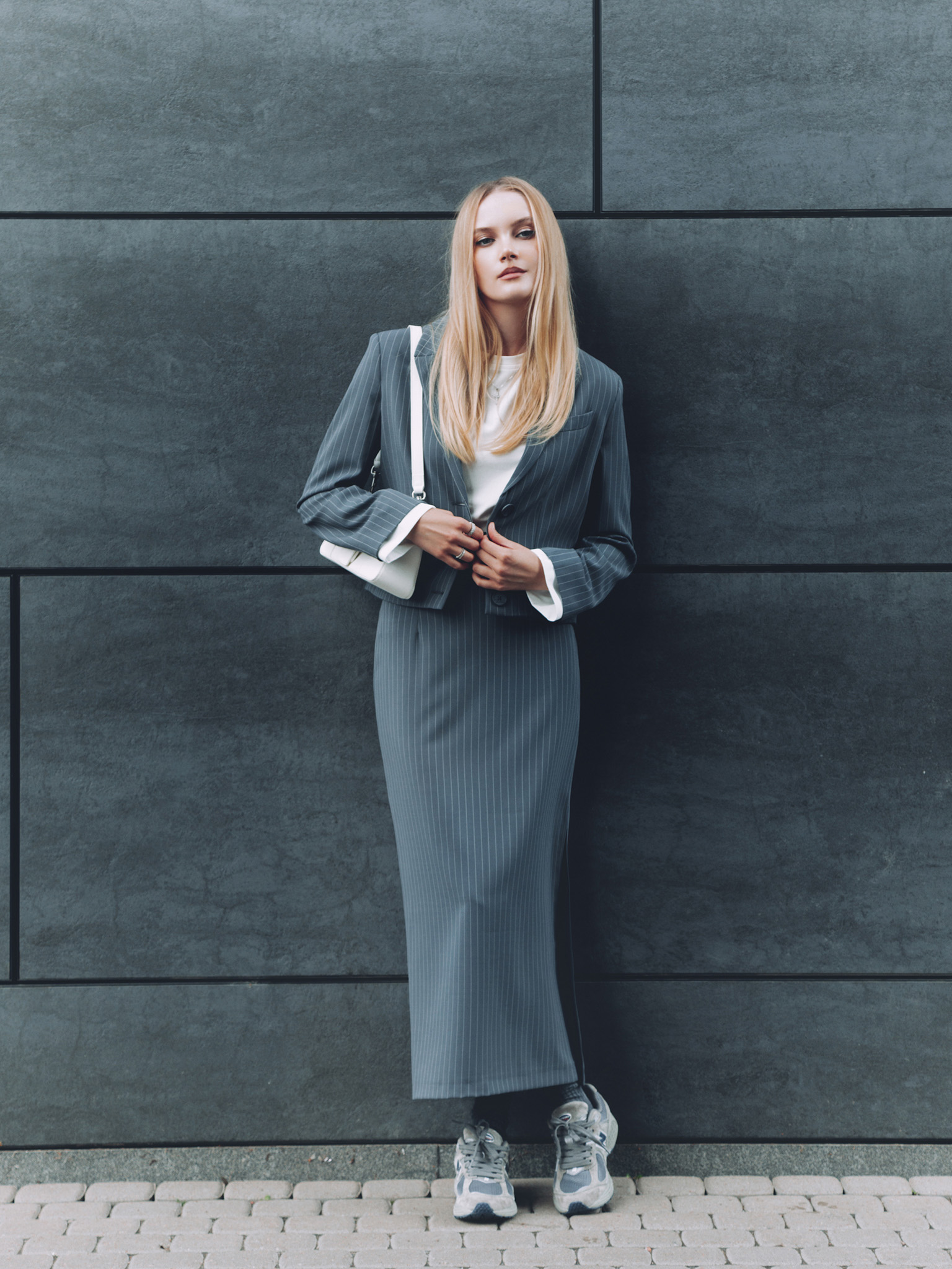 Straight maxi skirt with fine stripes