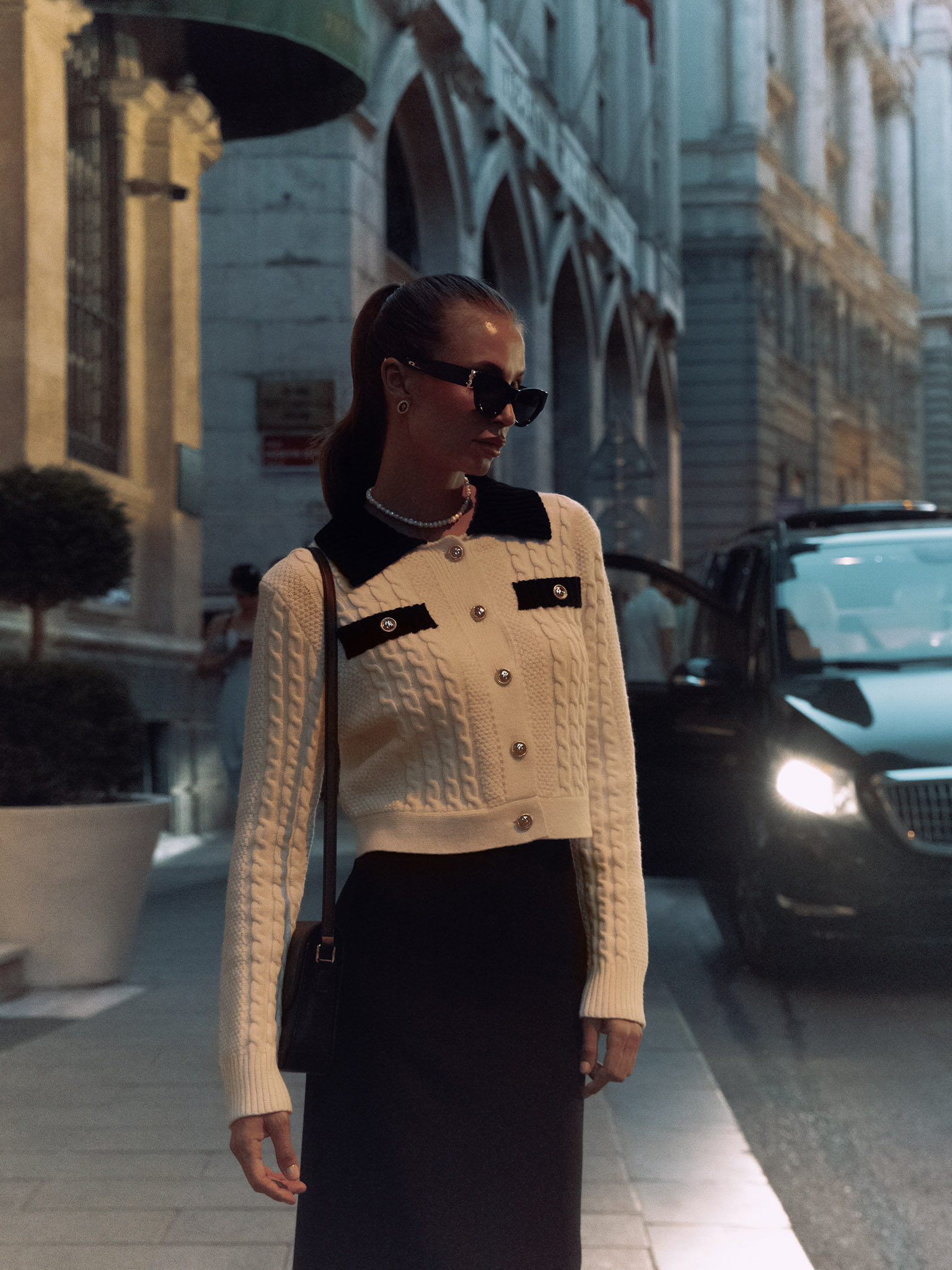 Cable knit cardigan with contrasting details