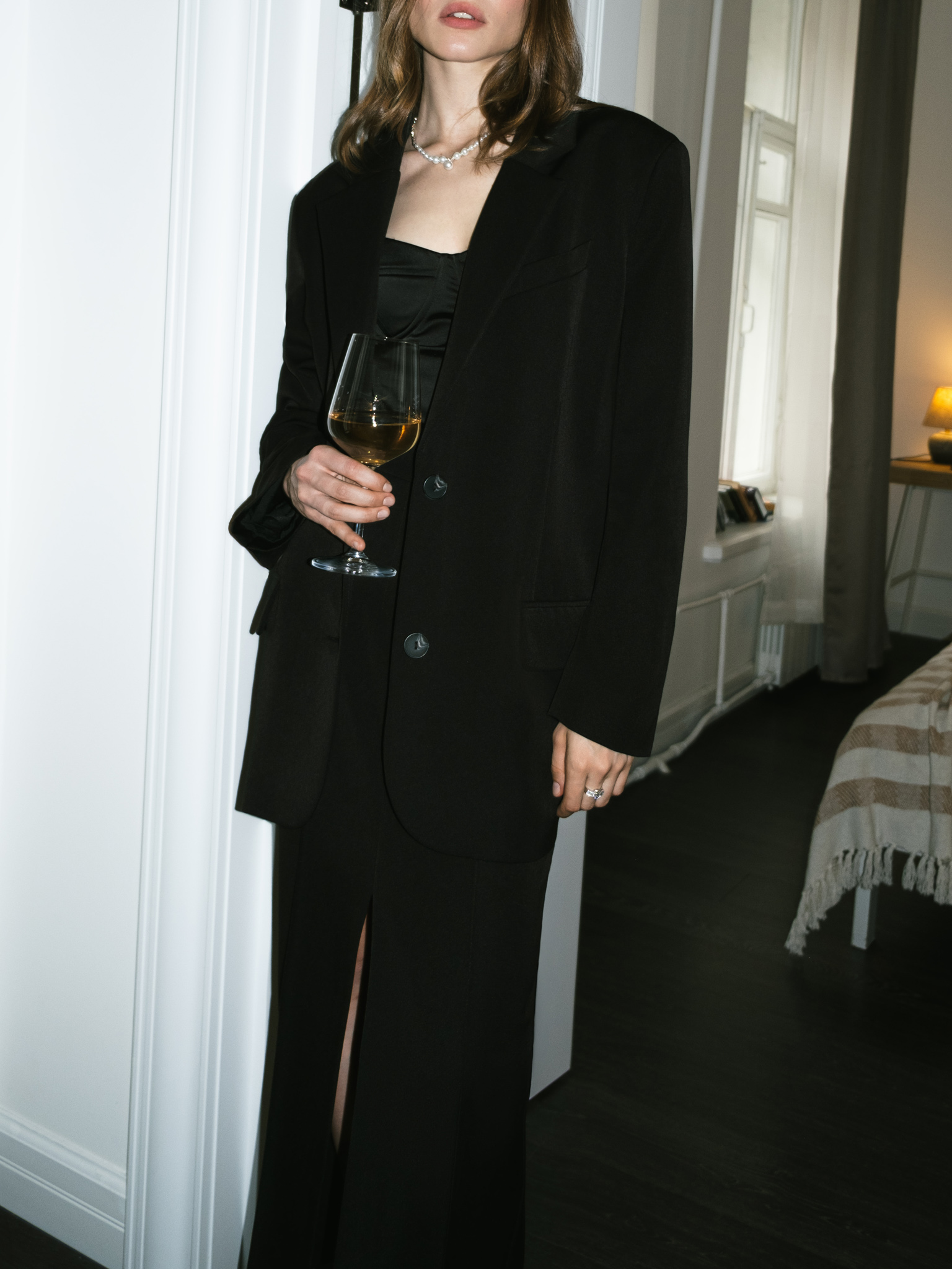 Maxi skirt with a front slit from suiting fabric