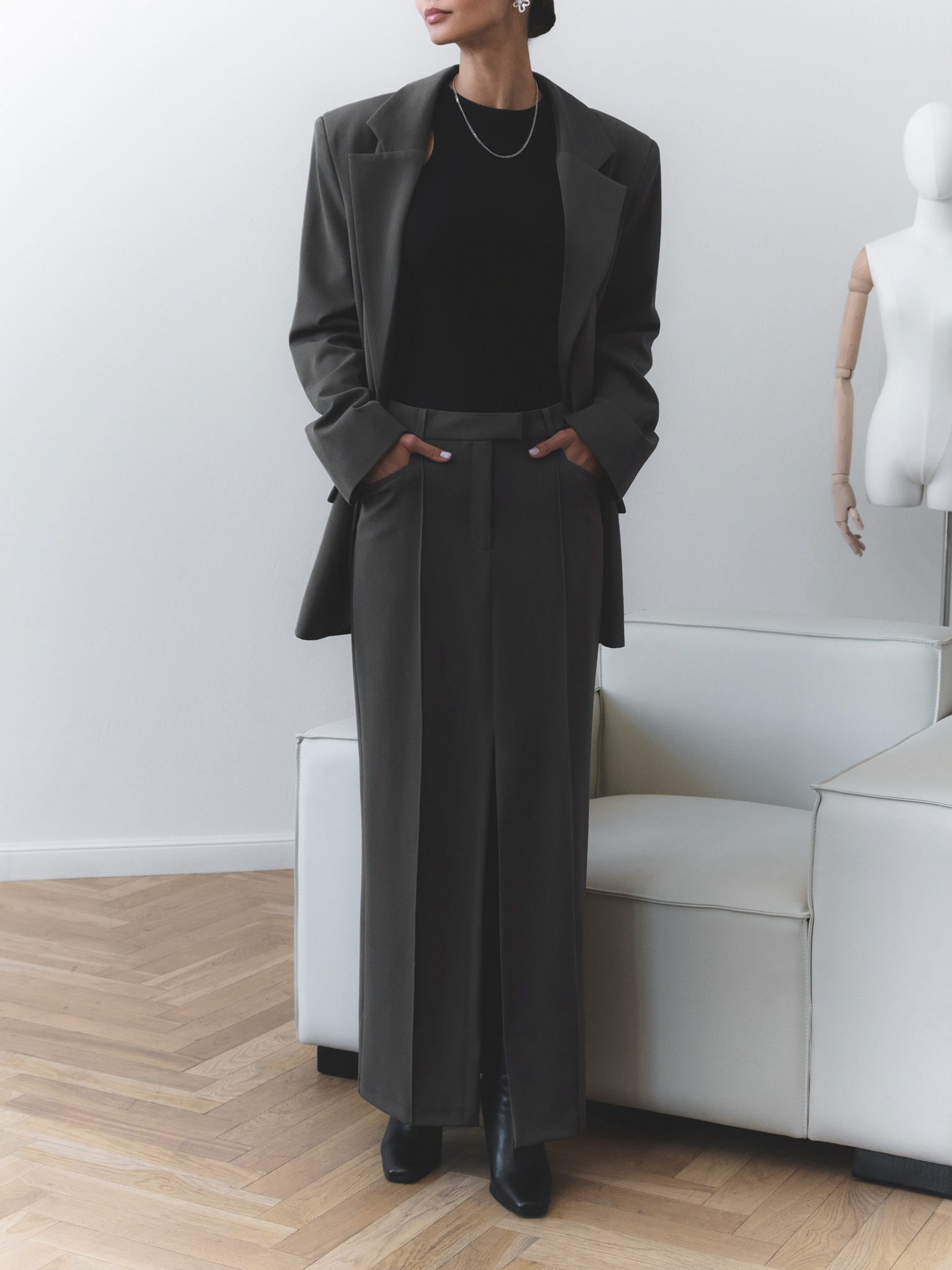 Maxi skirt with a front slit from suiting fabric