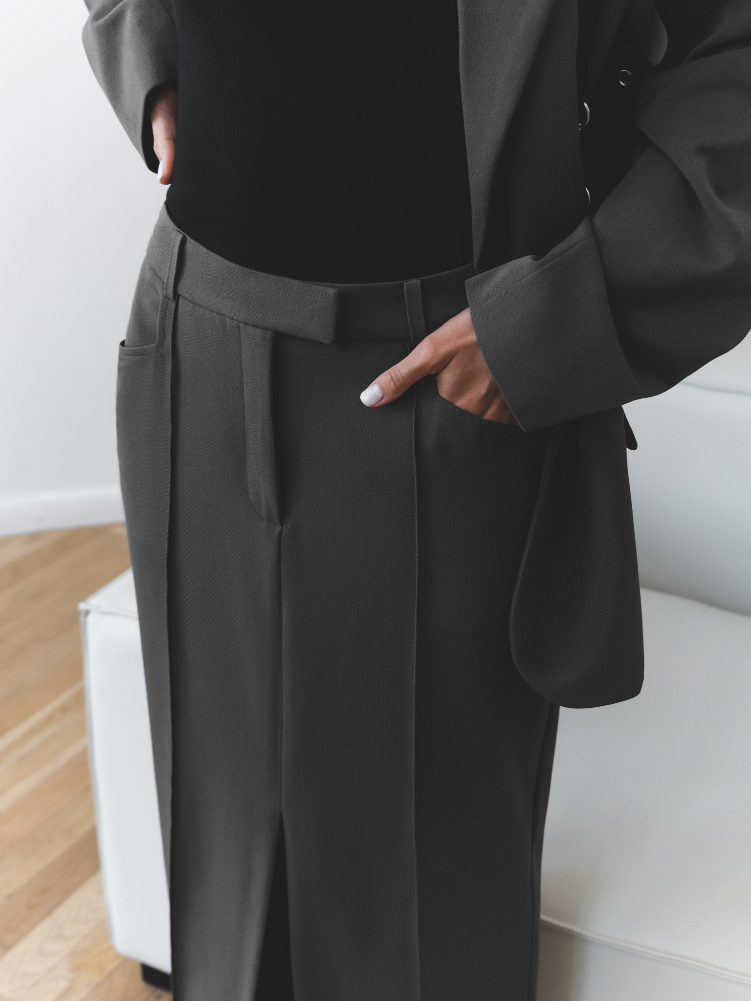 Maxi skirt with a front slit from suiting fabric