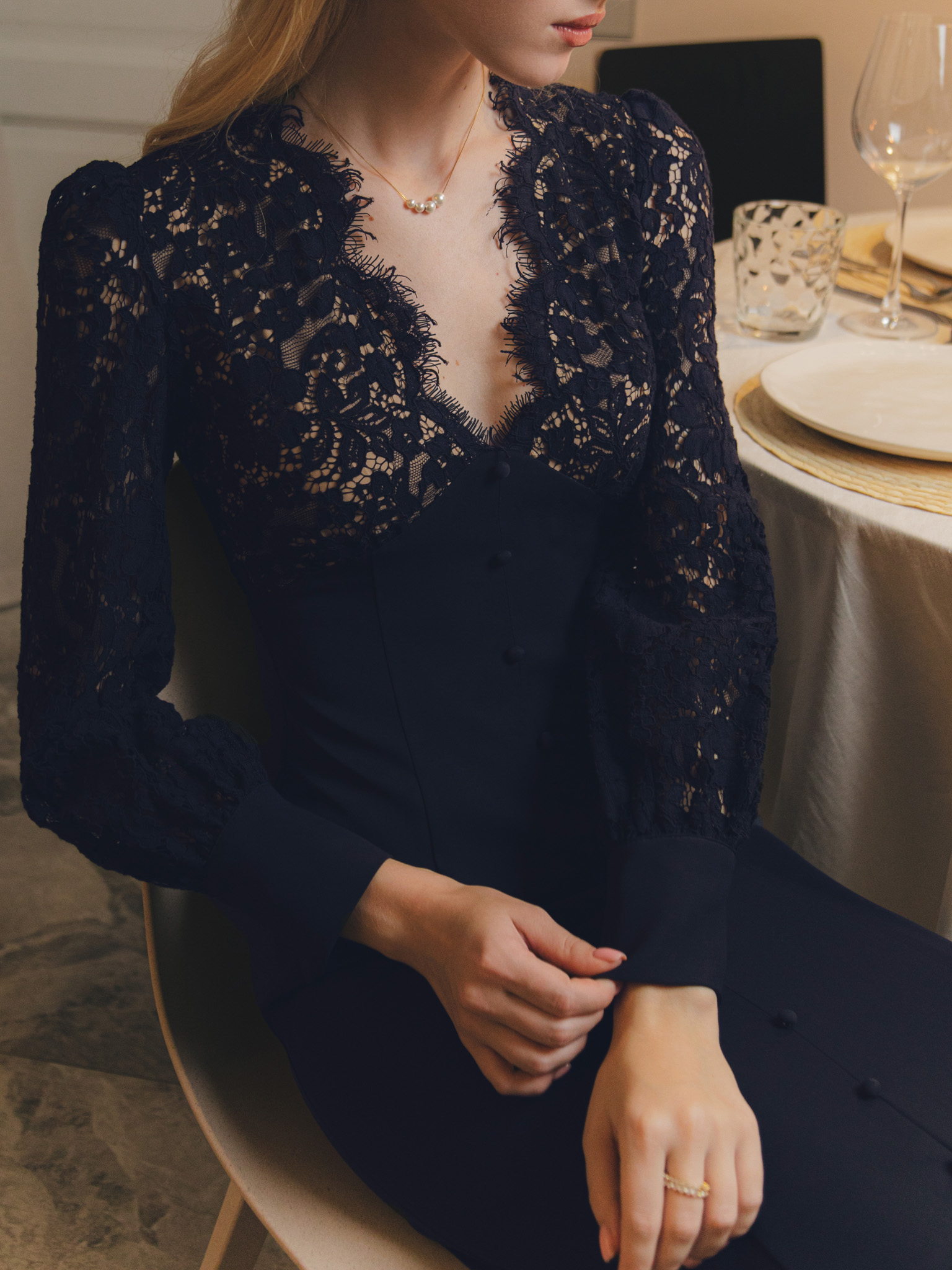 Fitted midi dress with openwork bodice