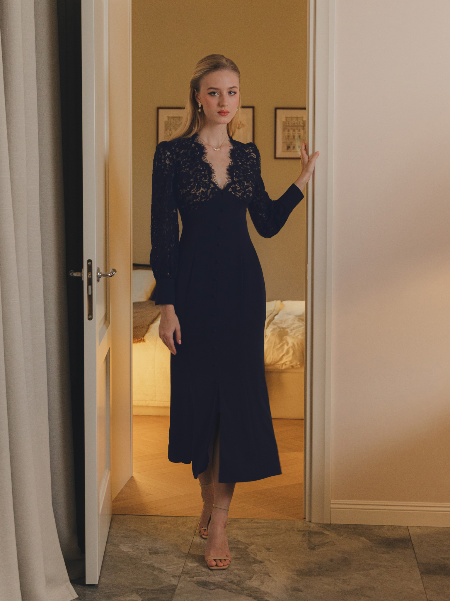 Fitted midi dress with openwork bodice