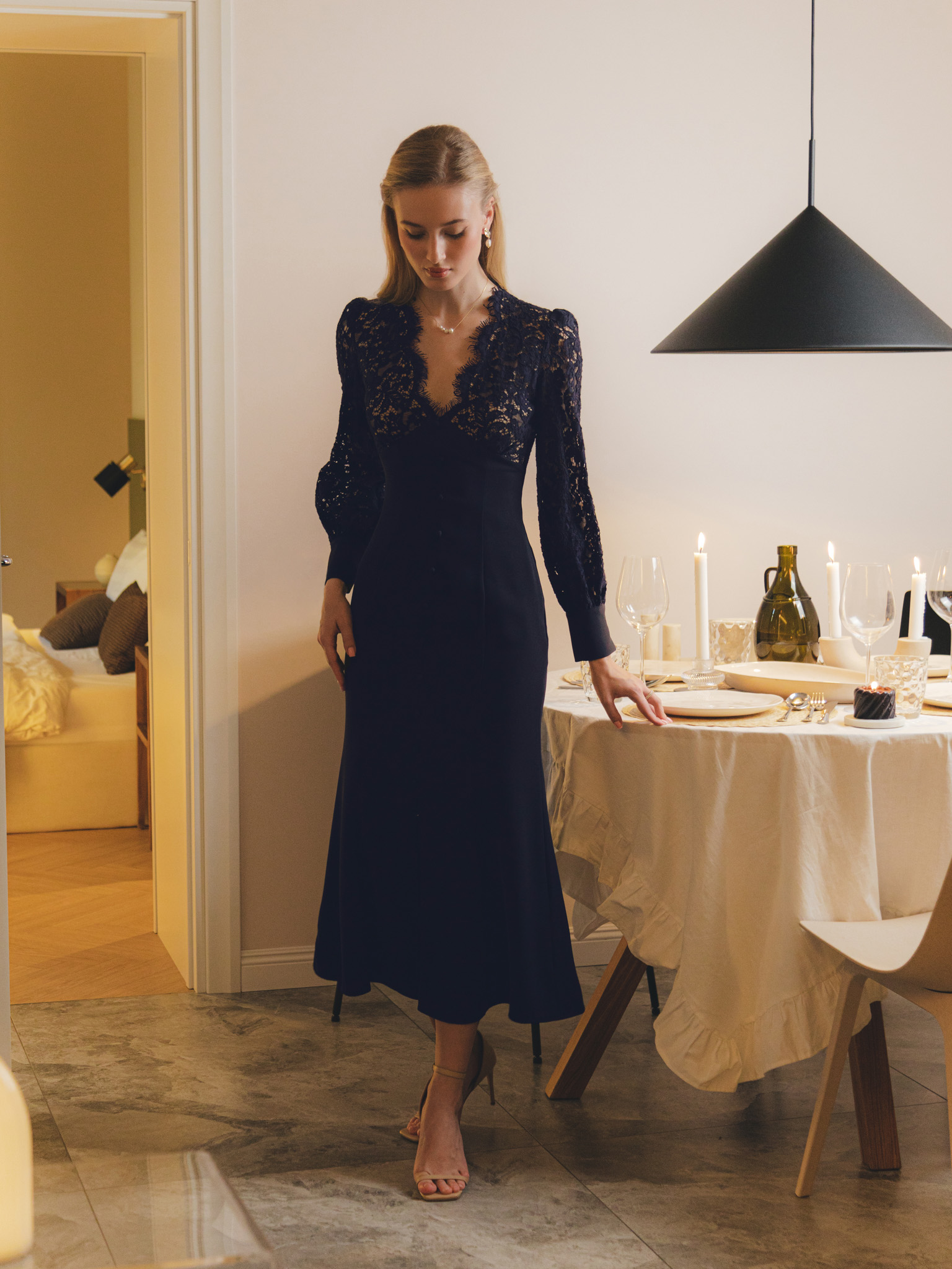 Fitted midi dress with openwork bodice