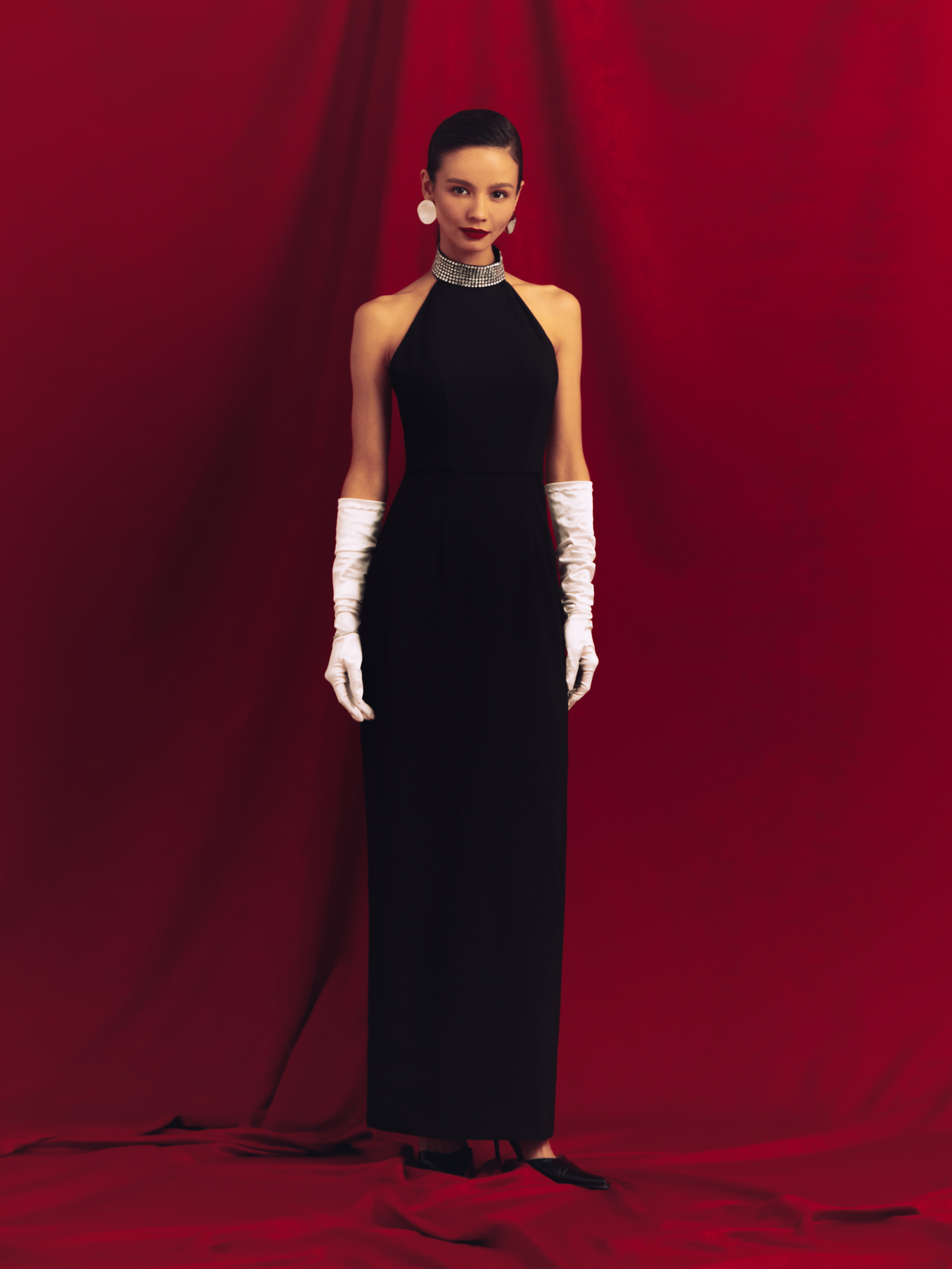 Maxi dress with rhinestone halter collar