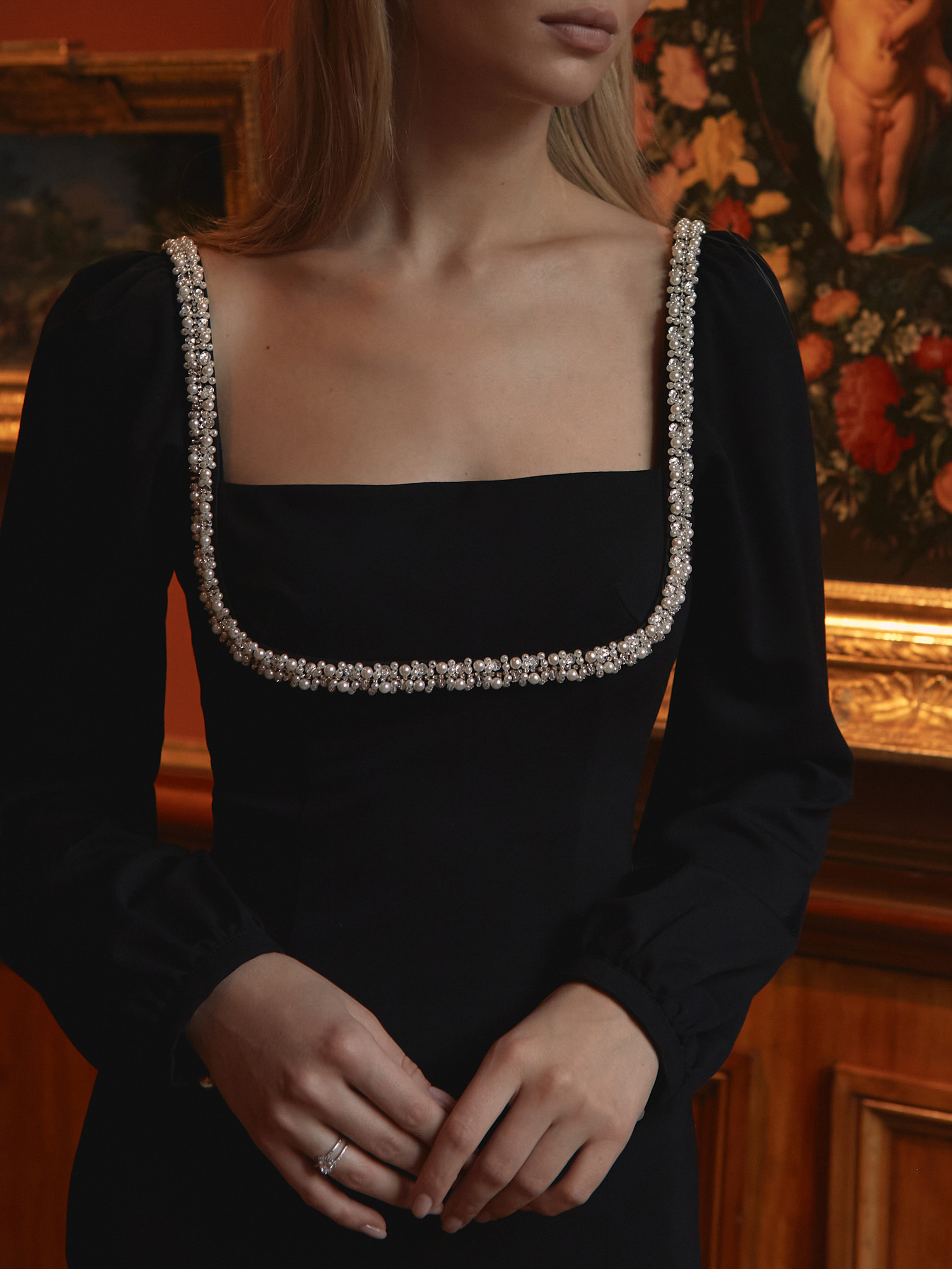 Midi dress with pearl decor on the bodice