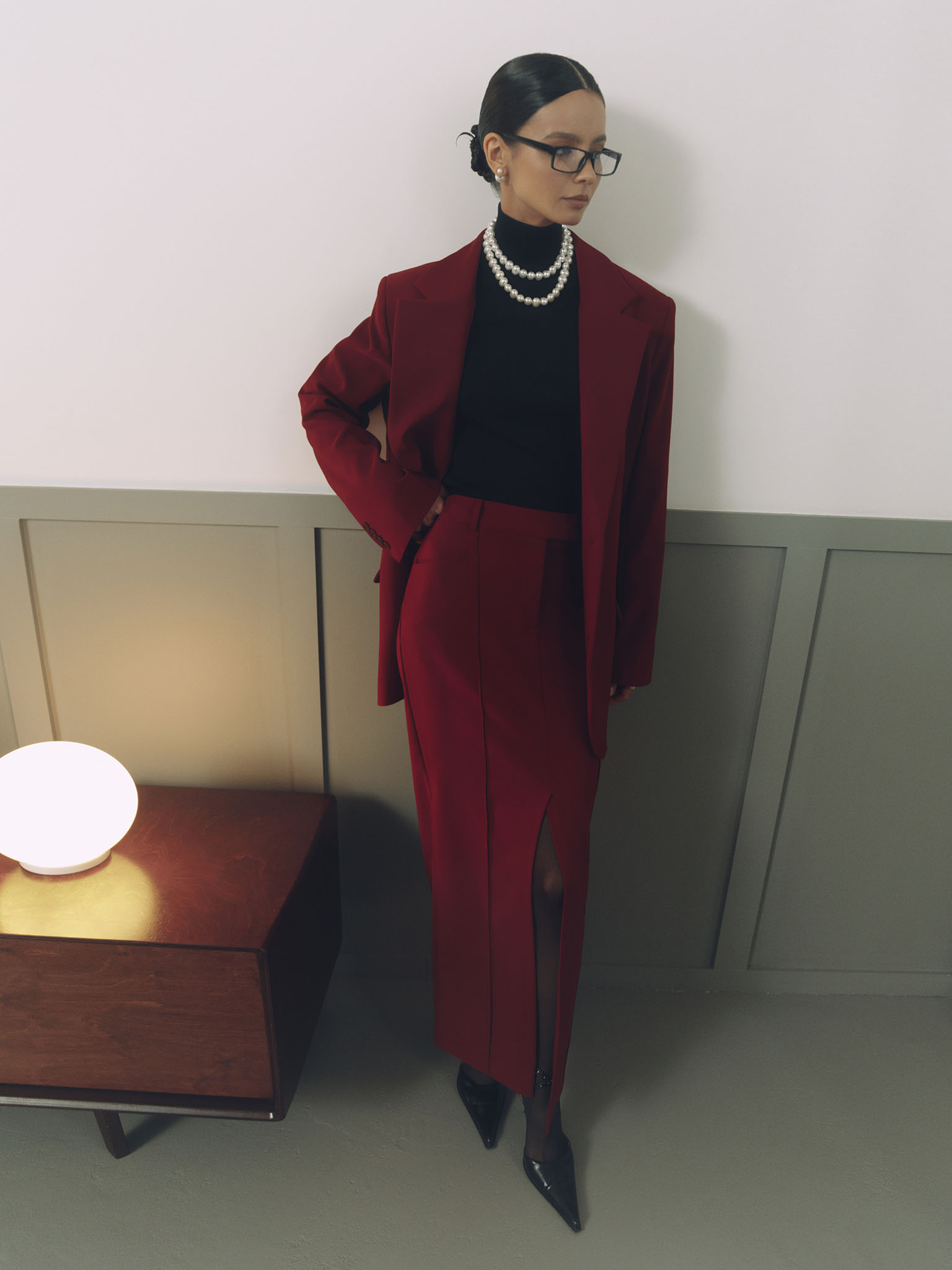 Maxi skirt with a front slit from suiting fabric