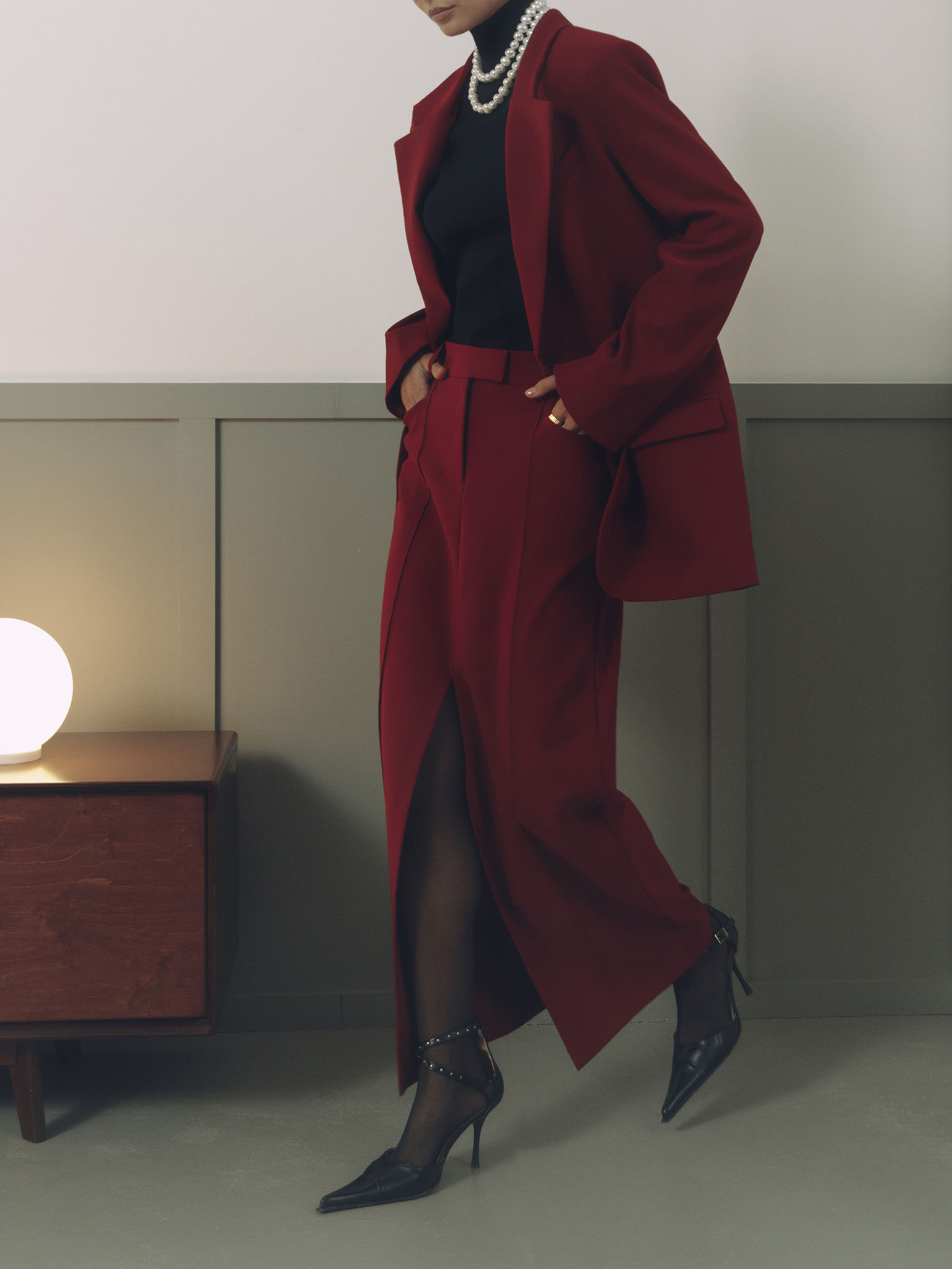 Maxi skirt with a front slit from suiting fabric