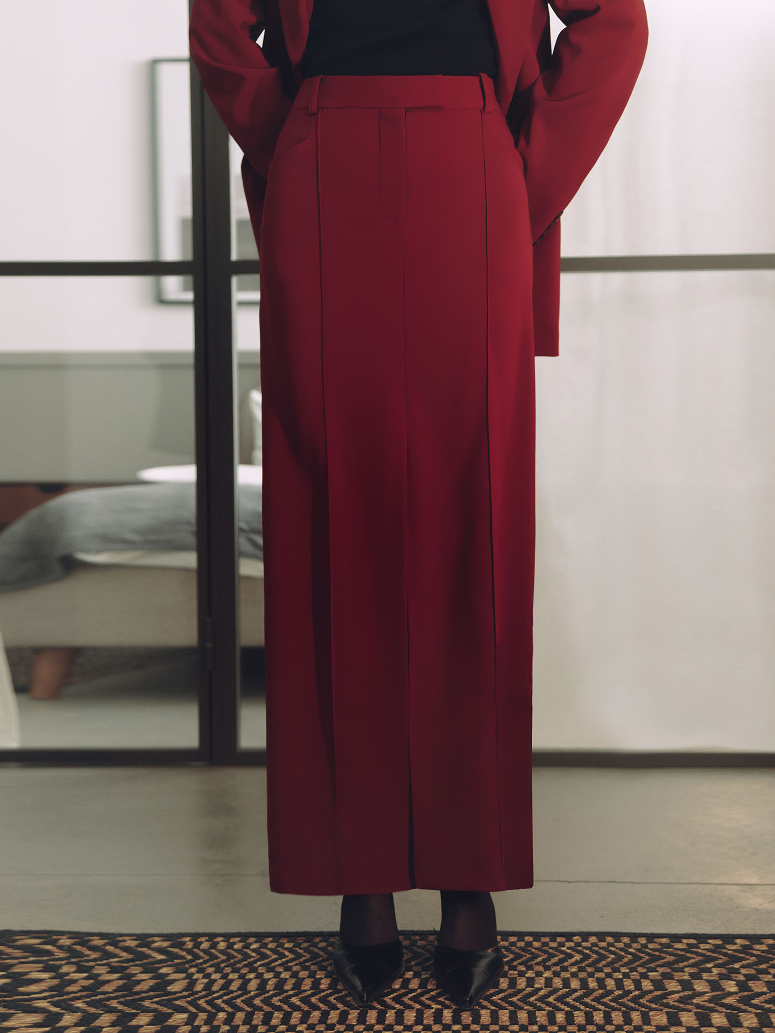 Maxi skirt with a front slit from suiting fabric