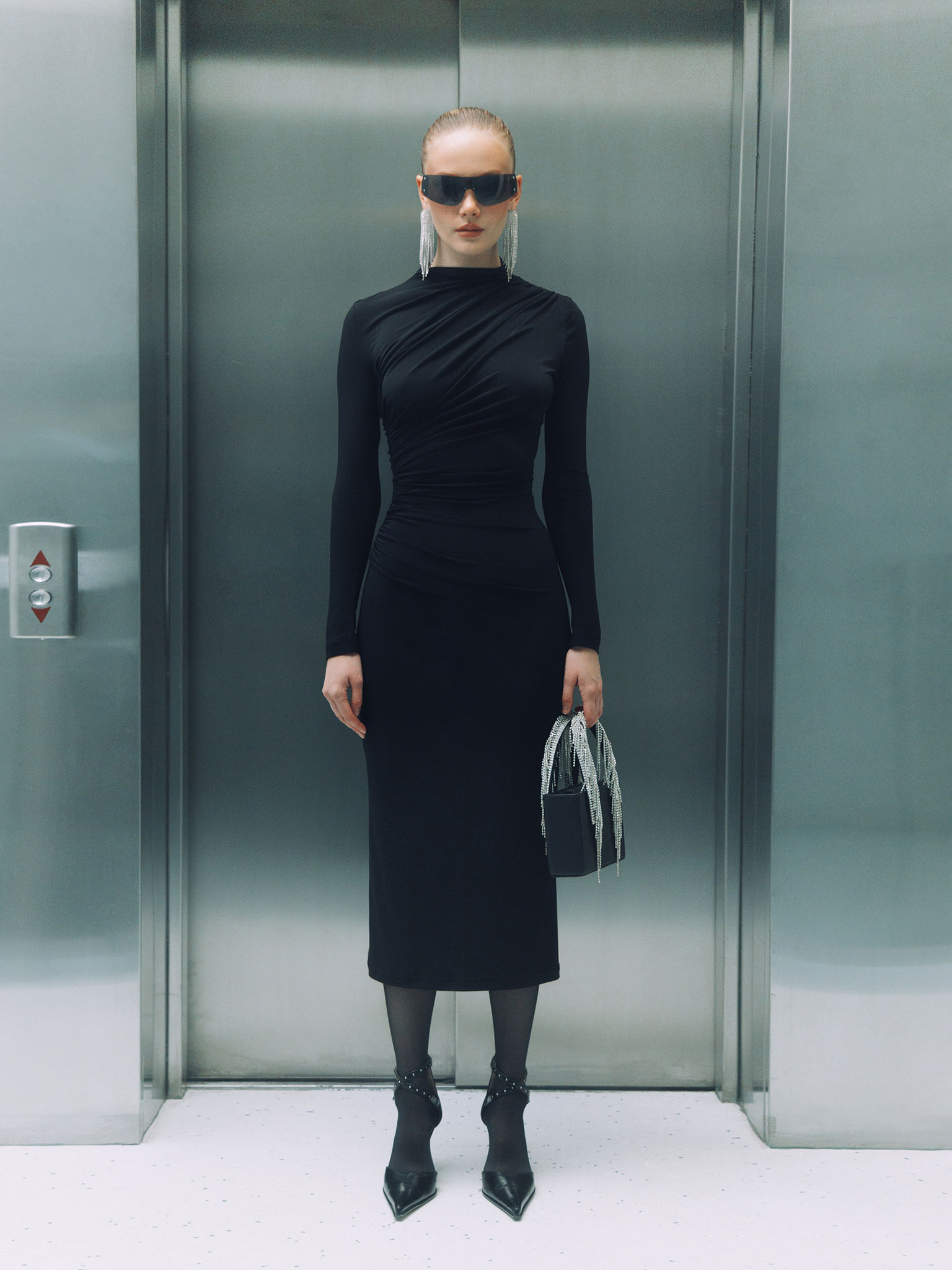 Jersey midi dress with asymmetric draperie