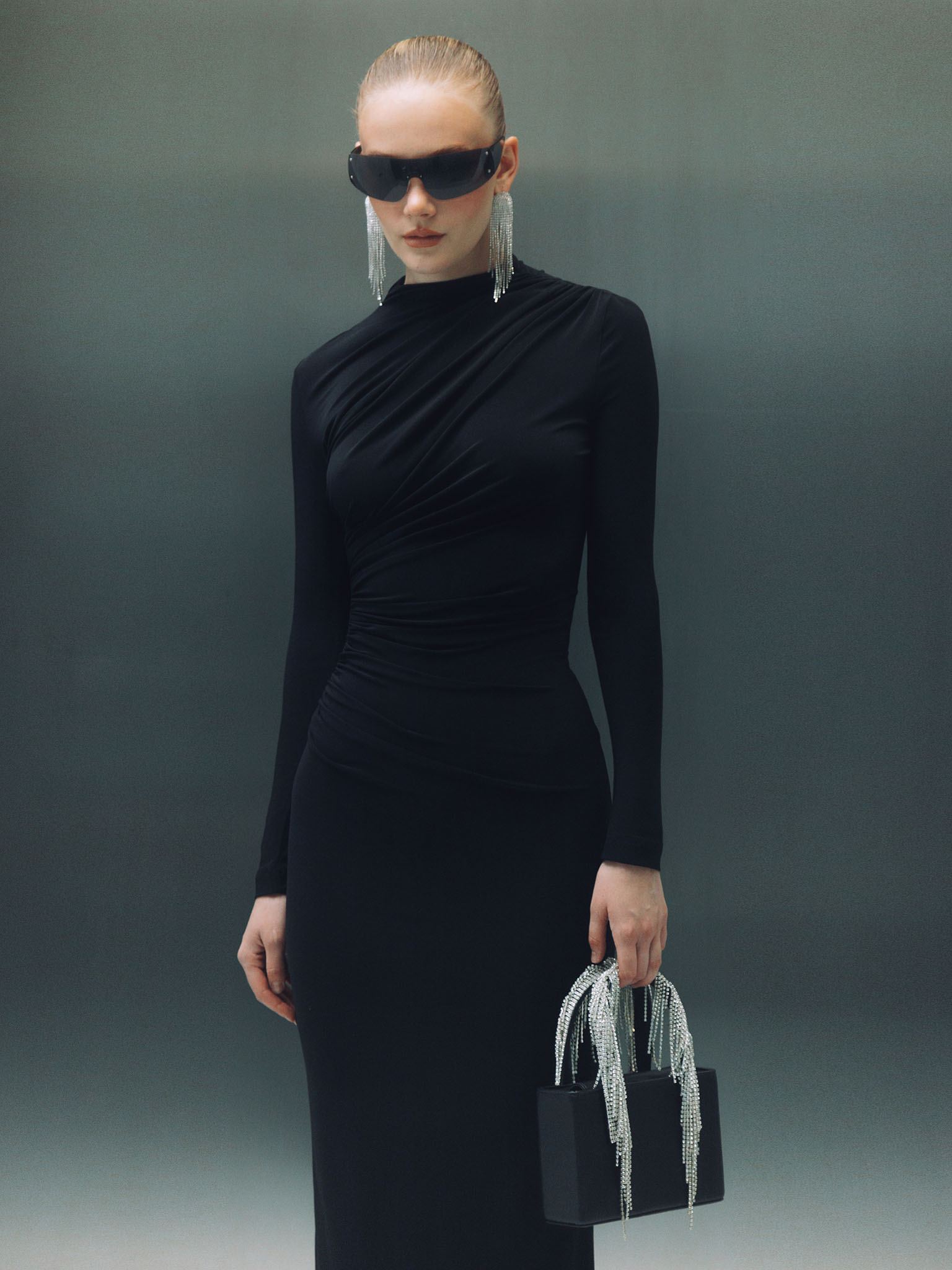 Jersey midi dress with asymmetric draperie