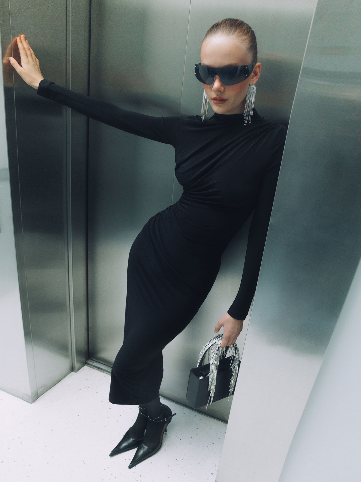 Jersey midi dress with asymmetric draperie