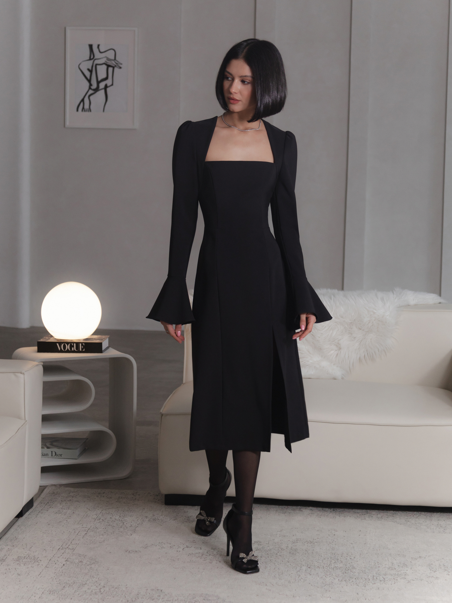Midi dress with geometric neckline and voluminous sleeves