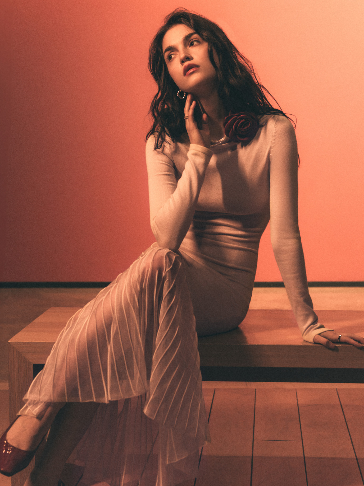 Knitted maxi dress with semi-transparent skirt