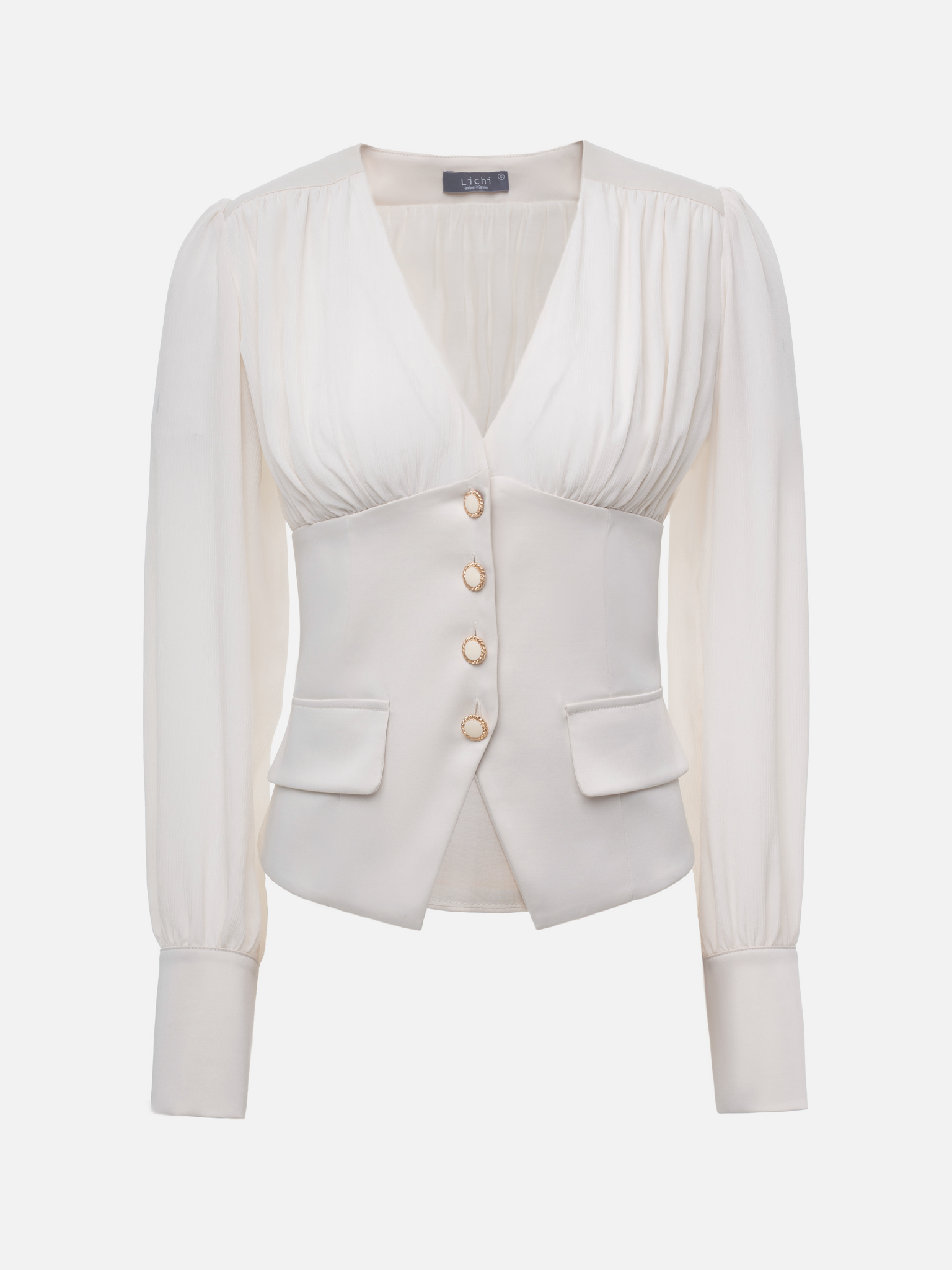 Blouse with a waistband and large button fastening