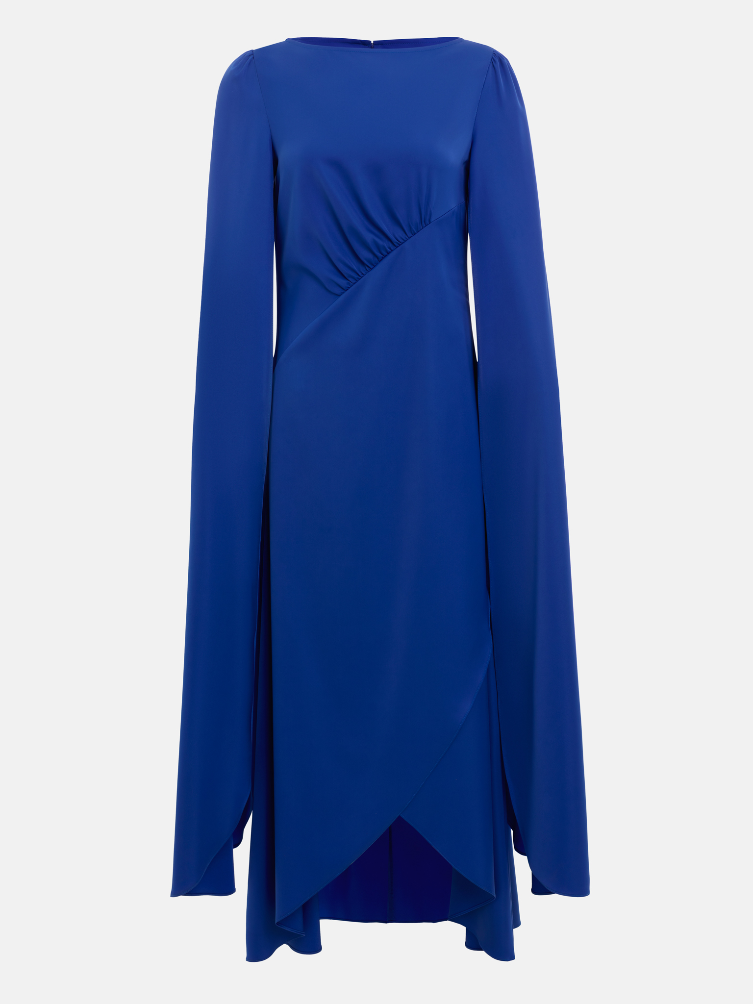 Maxi dress with diagonal gathering at the waist and long sleeves