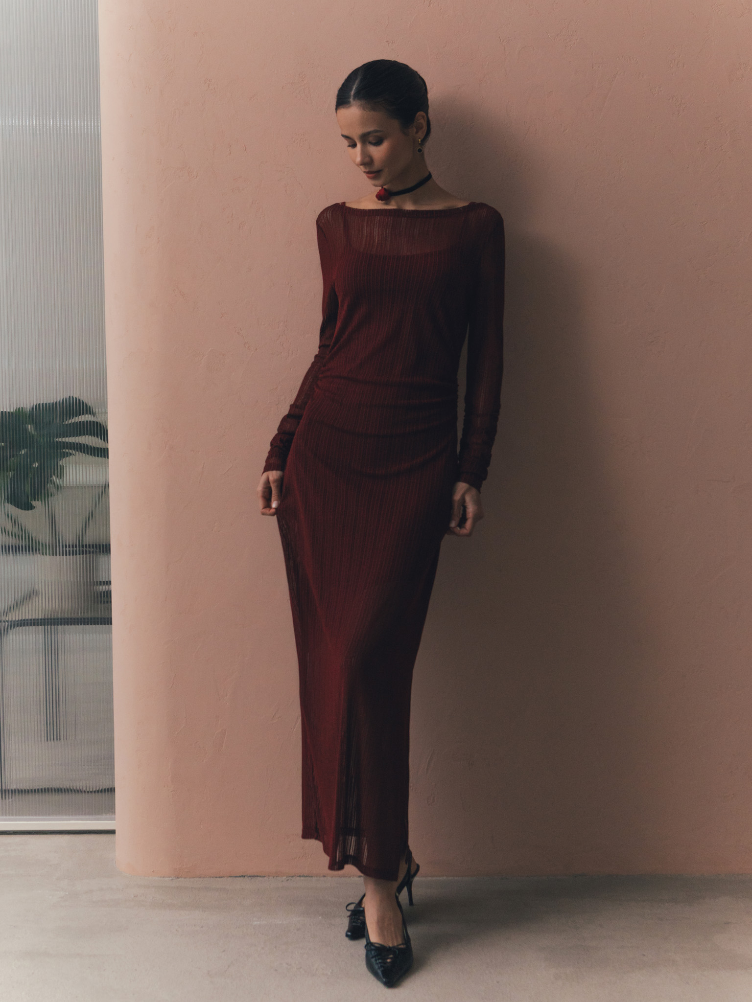 Fitted semi-translucent maxi dress