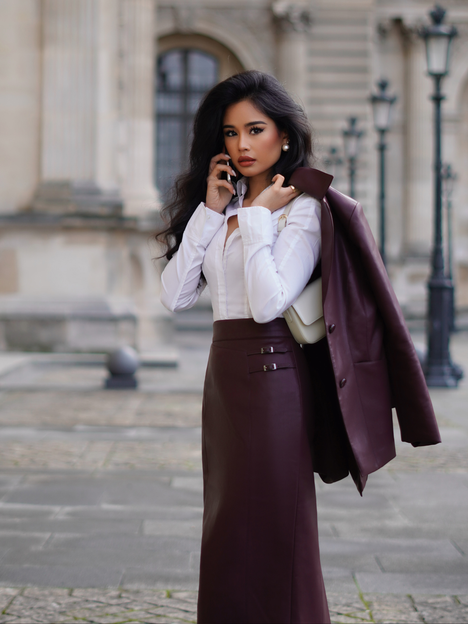 Pencil midi skirt in eco-leather