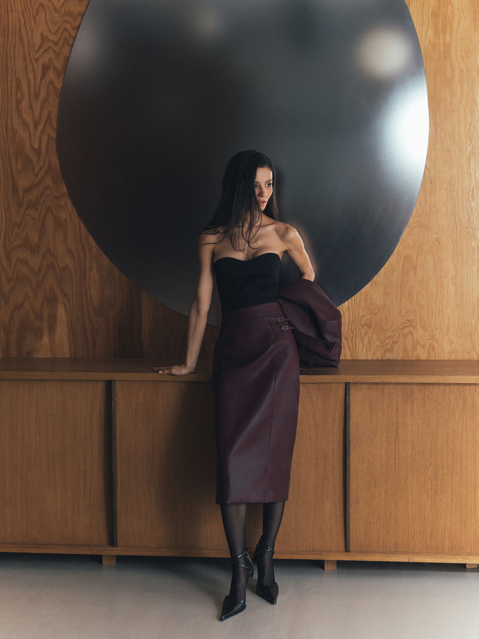 Pencil midi skirt in eco-leather